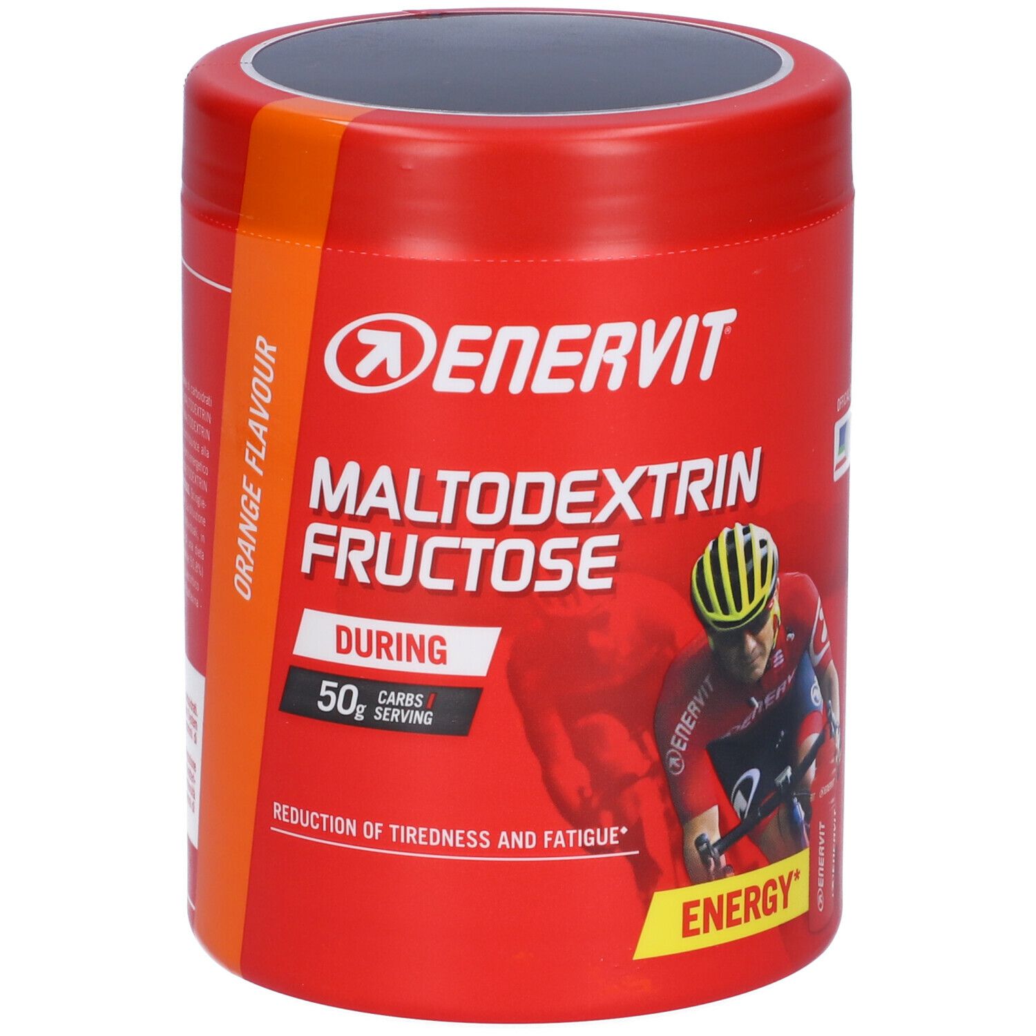 Rote Dose ENERVIT Maltodextrin Fructose. Aufdruck: Orange Flavour, 50g Kohlenhydrate pro Portion, Energie. Mit Radfahrer.