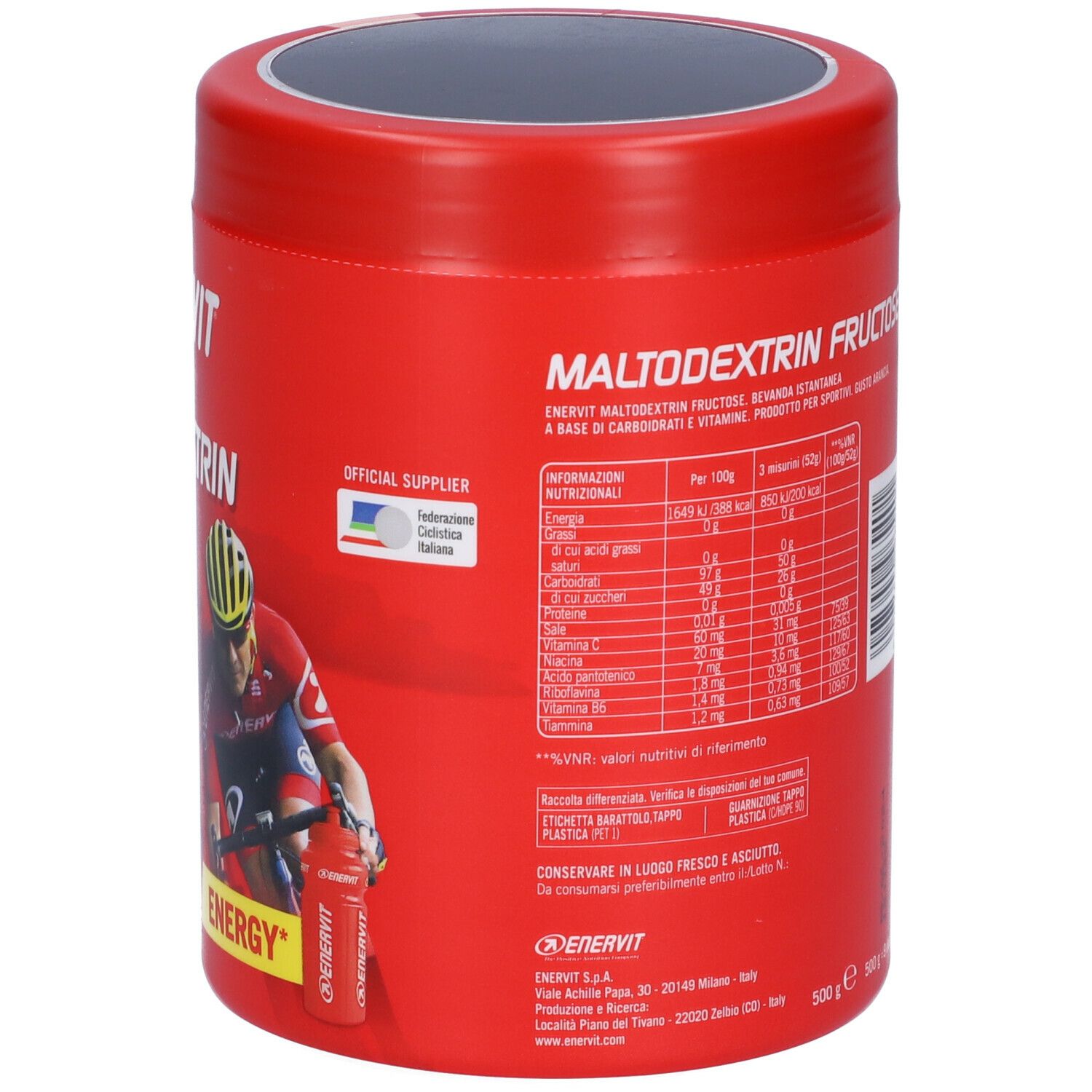 Rote Dose ENERVIT Maltodextrin Fructose. Rückseite mit Text, Nährwertangaben und Radfahrer. Orange Flavour.