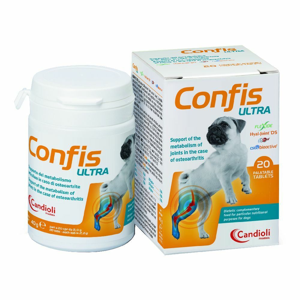 Barattolo e scatola bianchi Confis Ultra. Immagine cane, 20 compresse, Candoli.