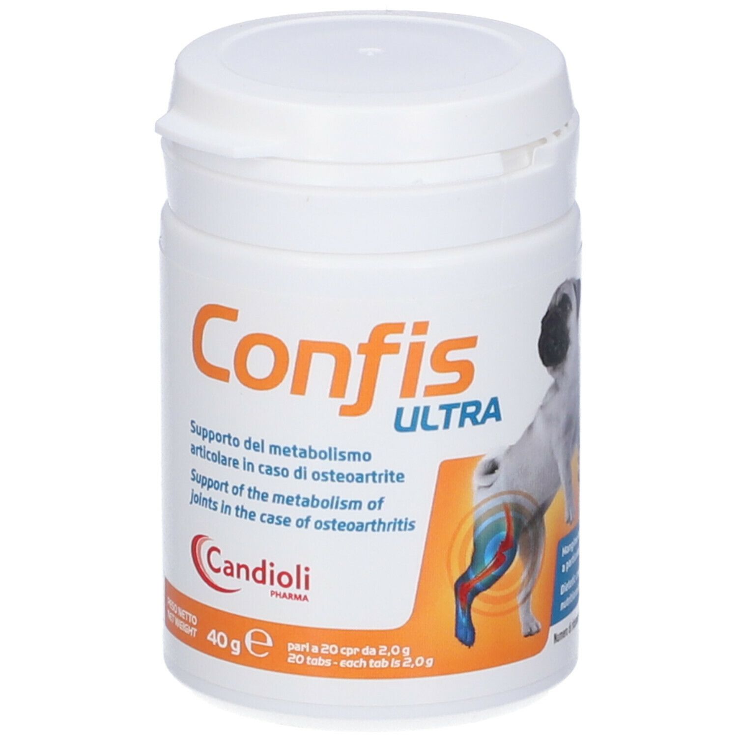 Barattolo bianco Confis Ultra. Immagine cane, Candoli, 20 compresse.
