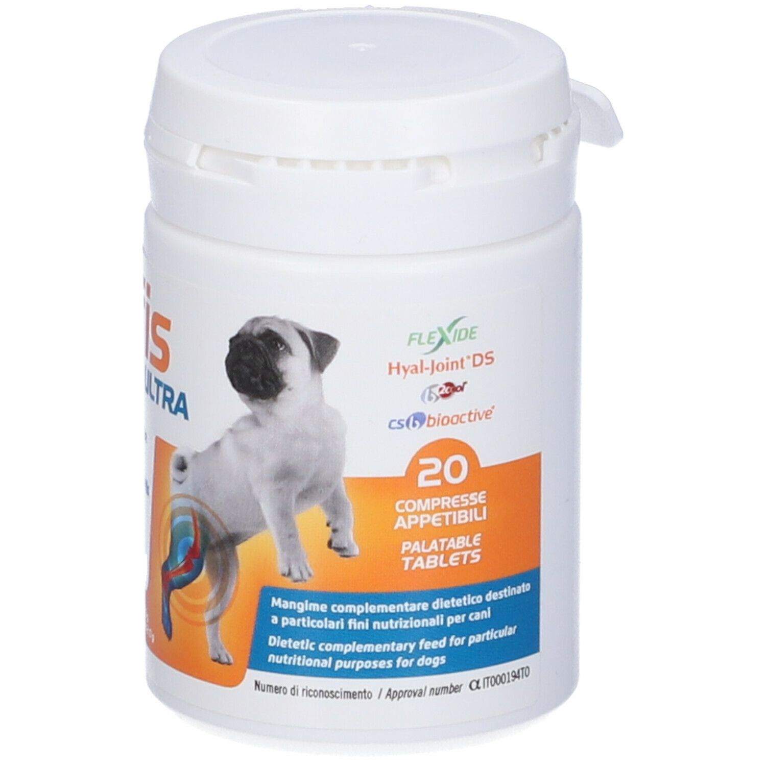 Barattolo bianco Confis Ultra. Immagine cane, Candoli, 20 compresse.