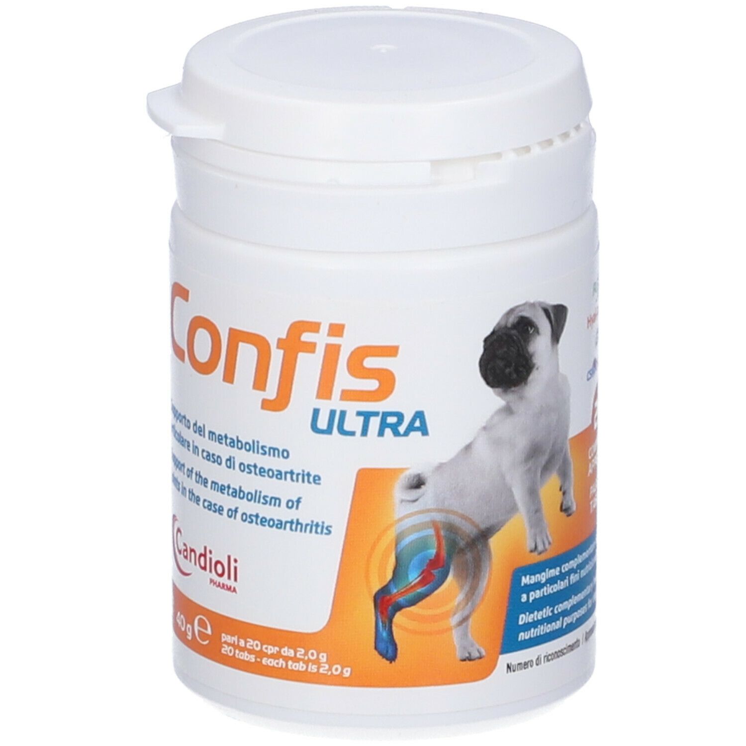 Barattolo bianco Confis Ultra. Immagine cane, Candoli, 20 compresse.