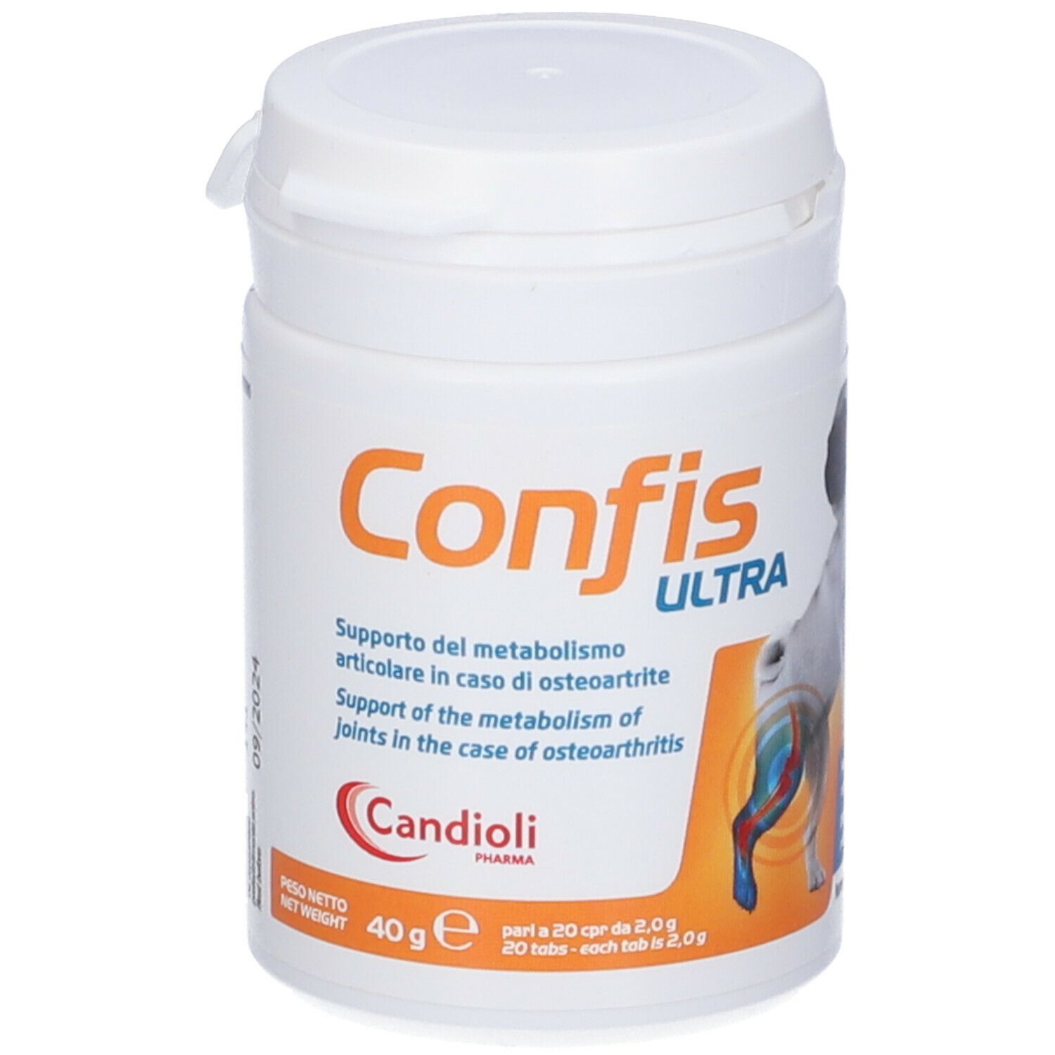 Barattolo bianco Confis Ultra. Immagine cane, Candoli, 20 compresse.