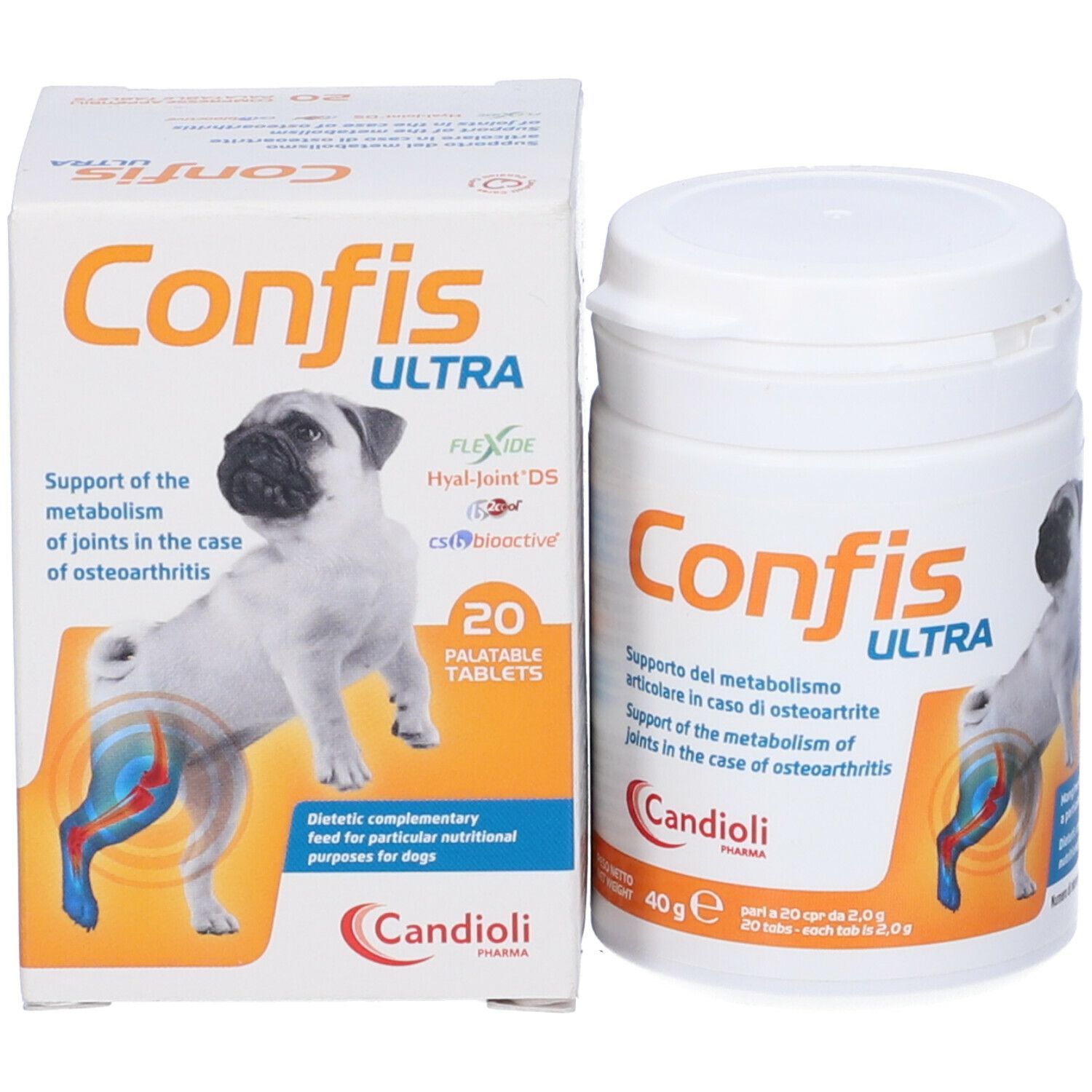 Barattolo e scatola bianchi Confis Ultra. Immagine cane, 20 compresse, Candoli.