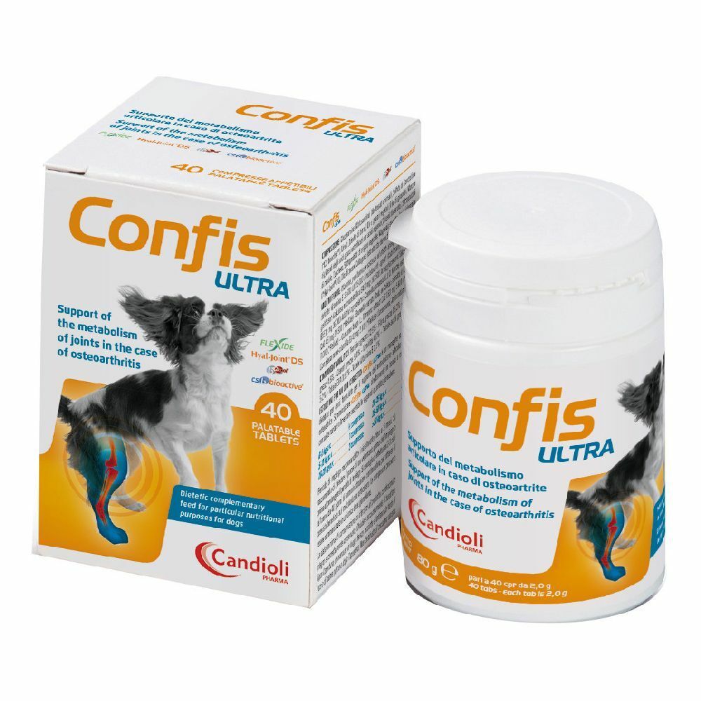 Barattolo e scatola bianchi Confis Ultra. Contiene 40 compresse. Immagine di un cane.