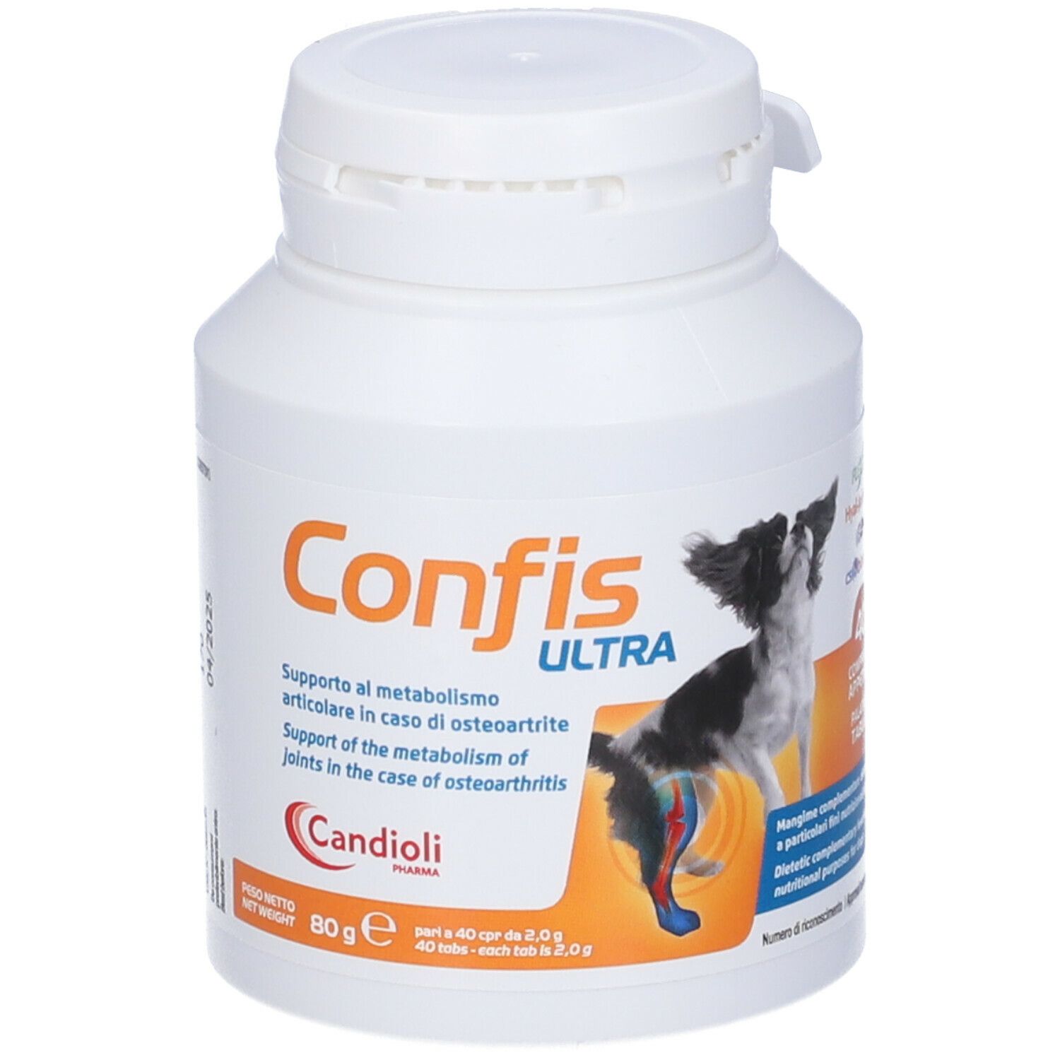 Barattolo bianco con nome prodotto Confis Ultra. Contiene 40 compresse. Immagine di un cane.