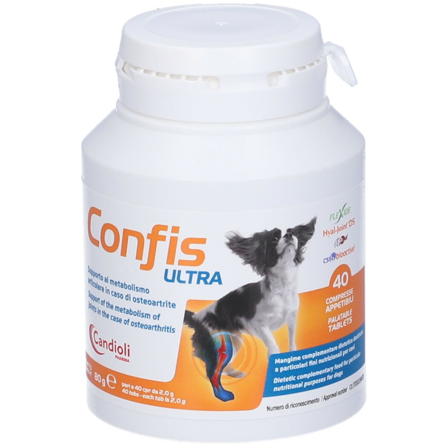 Barattolo bianco con nome prodotto Confis Ultra. Contiene 40 compresse. Immagine di un cane.