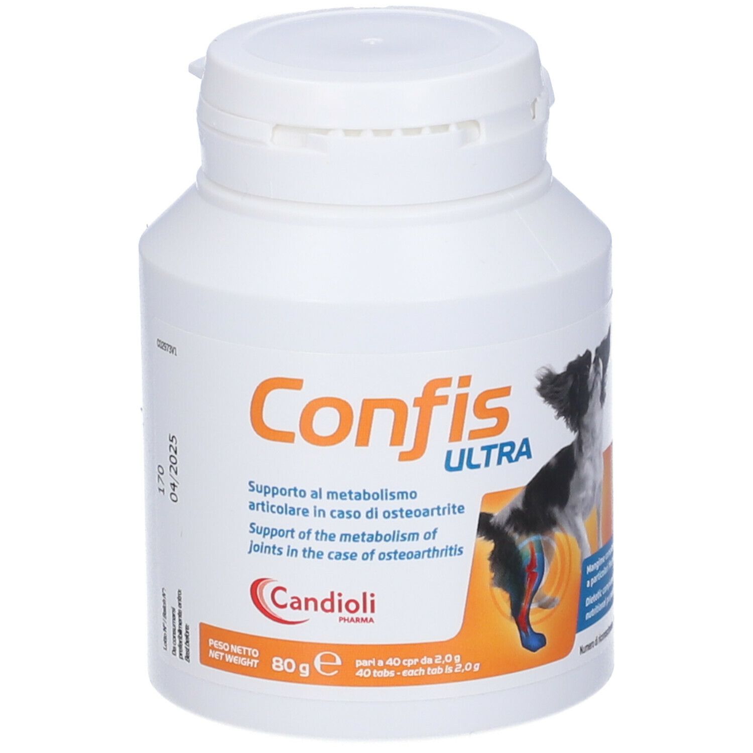 Barattolo bianco con nome prodotto Confis Ultra. Contiene 40 compresse. Retro con testo e scadenza.