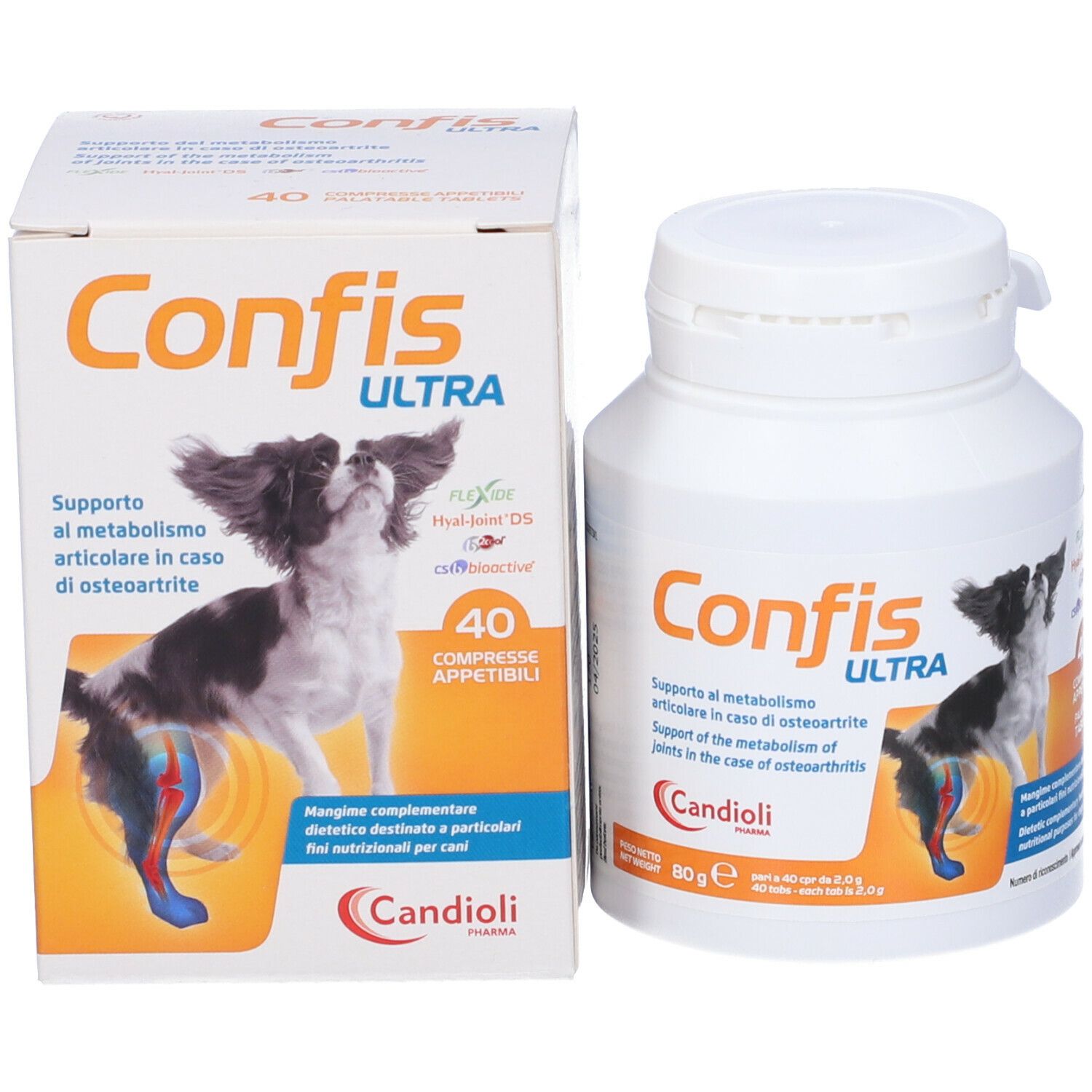 Barattolo e scatola bianchi Confis Ultra. Contiene 40 compresse. Immagine di un cane.