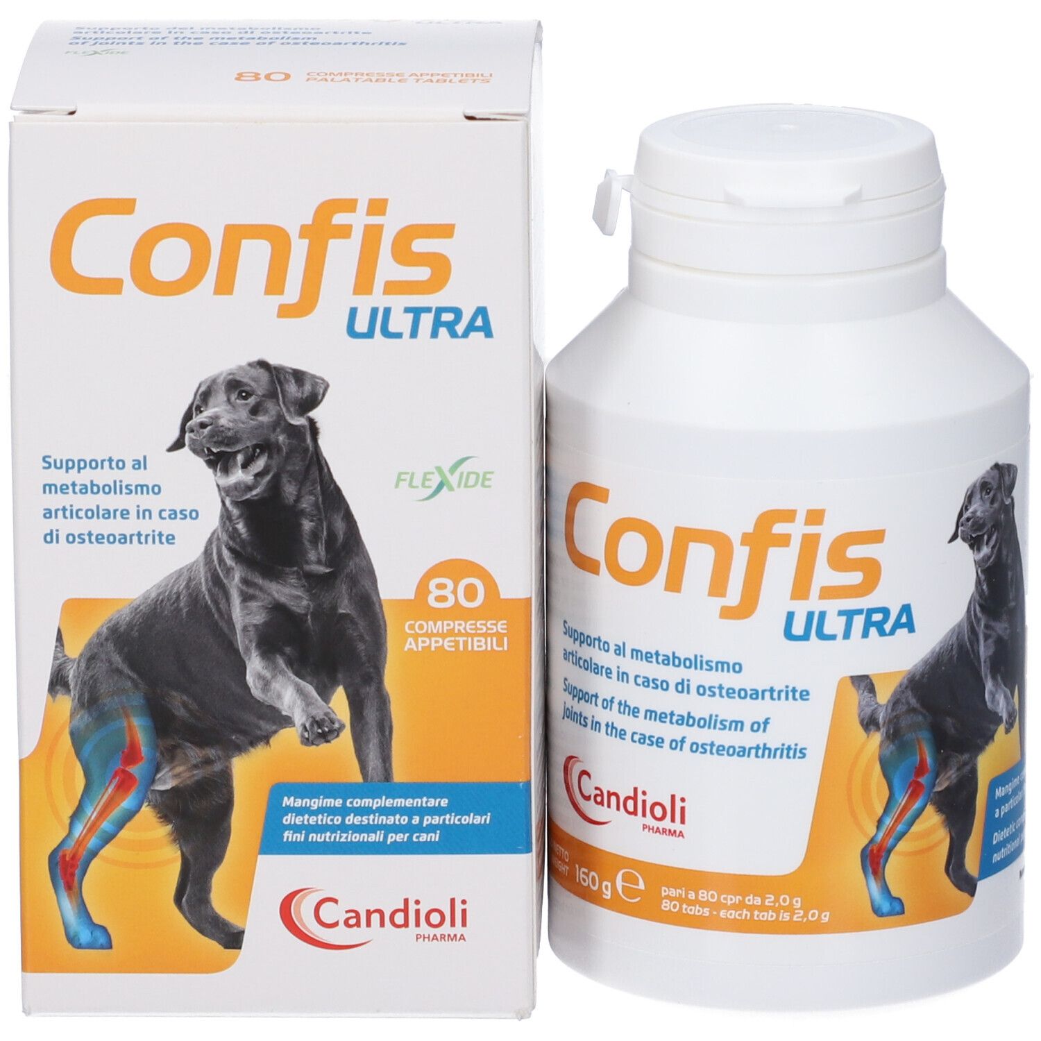Packung und Dose Confis Ultra mit 80 Tabletten für Hunde, zur Unterstützung des Stoffwechsels bei Osteoarthritis.