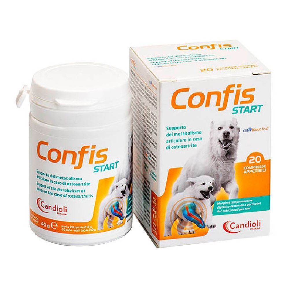 Prodotto bianco Confis Start, barattolo e scatola. Stampa con cane, testo e logo Candoli Pharma.