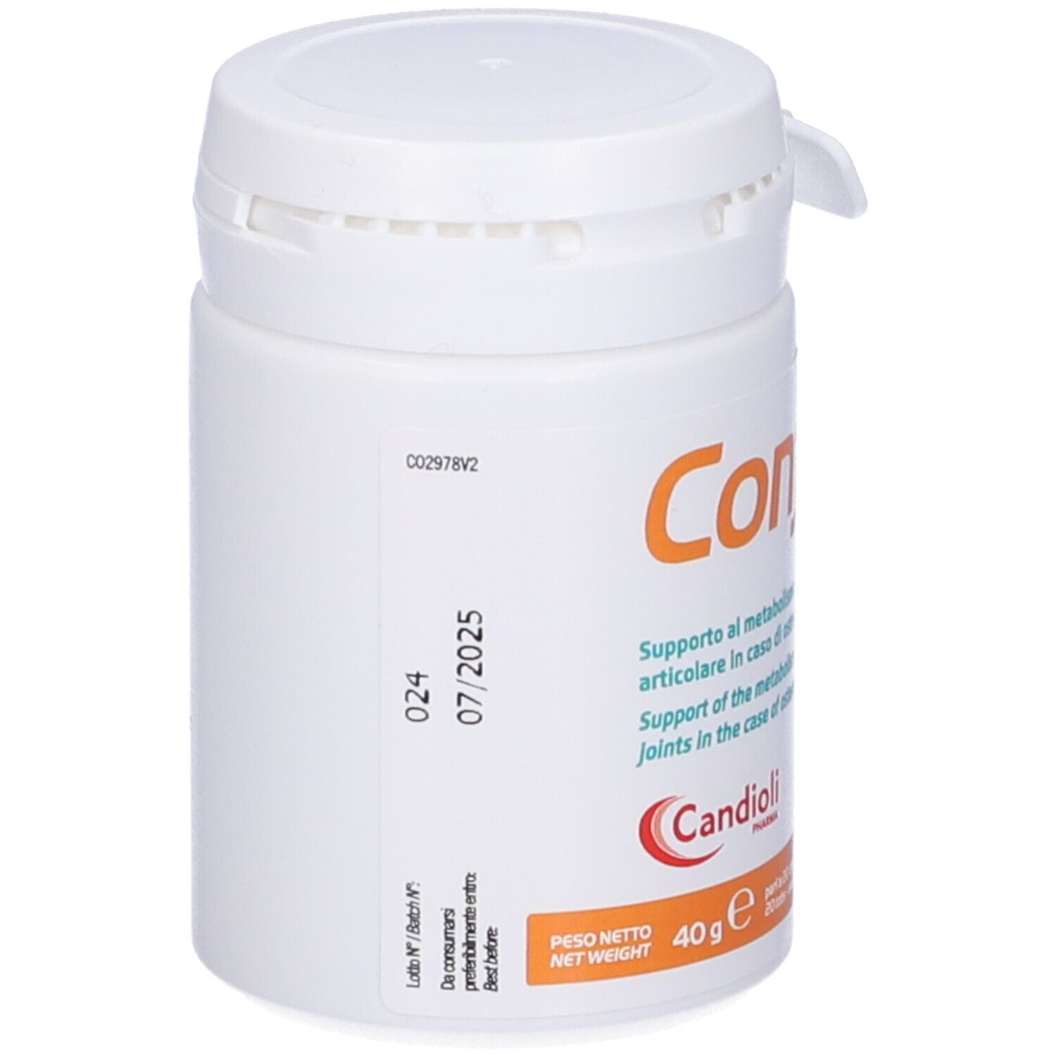 Contenitore bianco Confis Start con coperchio. Stampa con testo, logo Candoli Pharma e data di scadenza.