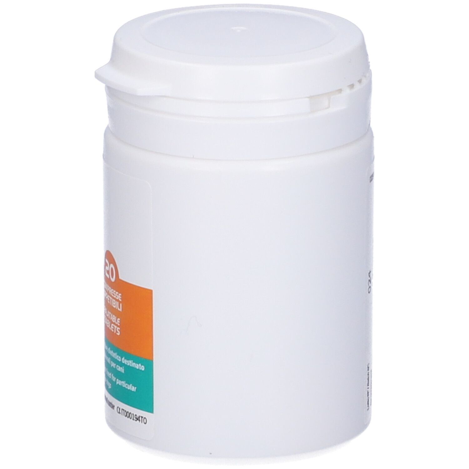 Contenitore bianco Confis Start con coperchio. Stampa con testo e logo Candoli Pharma.