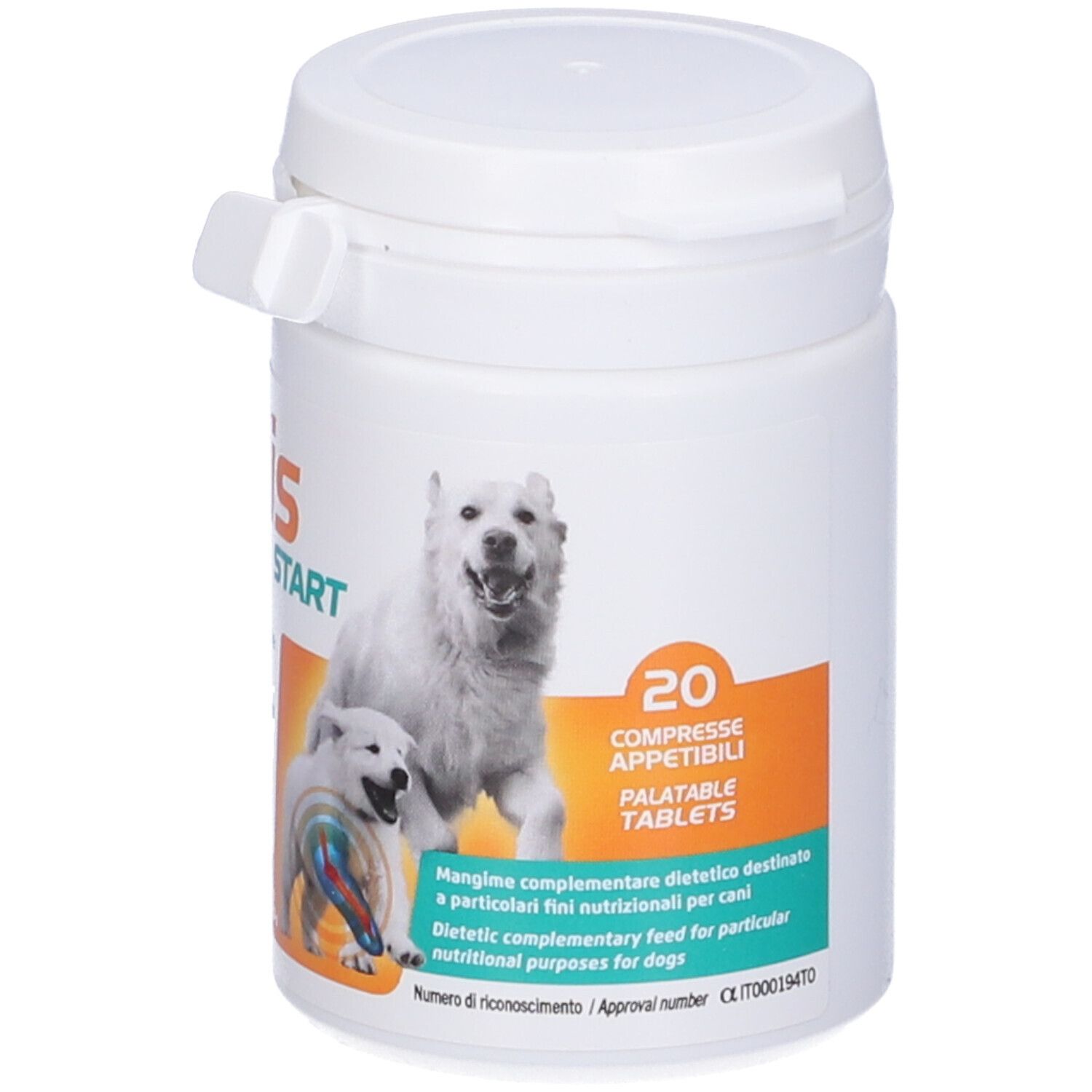 Contenitore bianco Confis Start con coperchio. Stampa con cane, testo e logo Candoli Pharma.
