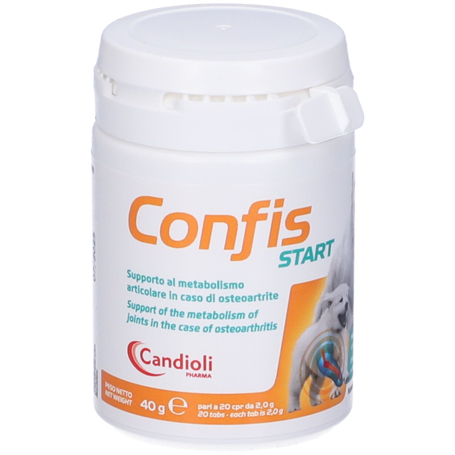 Contenitore bianco Confis Start con coperchio. Stampa con testo e logo Candoli Pharma.