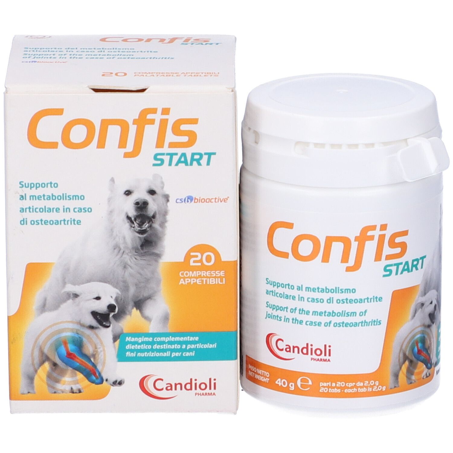 Contenitore bianco e scatola Confis Start. Stampa con cane, testo e logo Candoli Pharma.