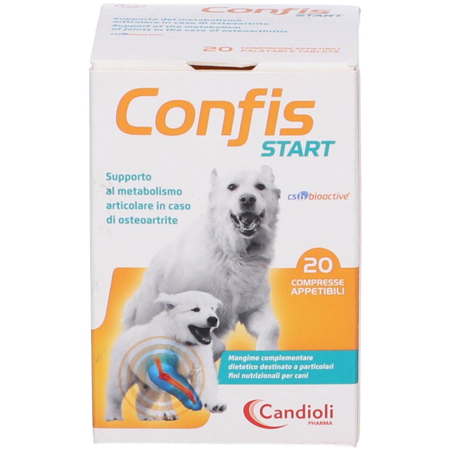 Scatola Confis Start. Stampa con cane, testo e logo Candoli Pharma.