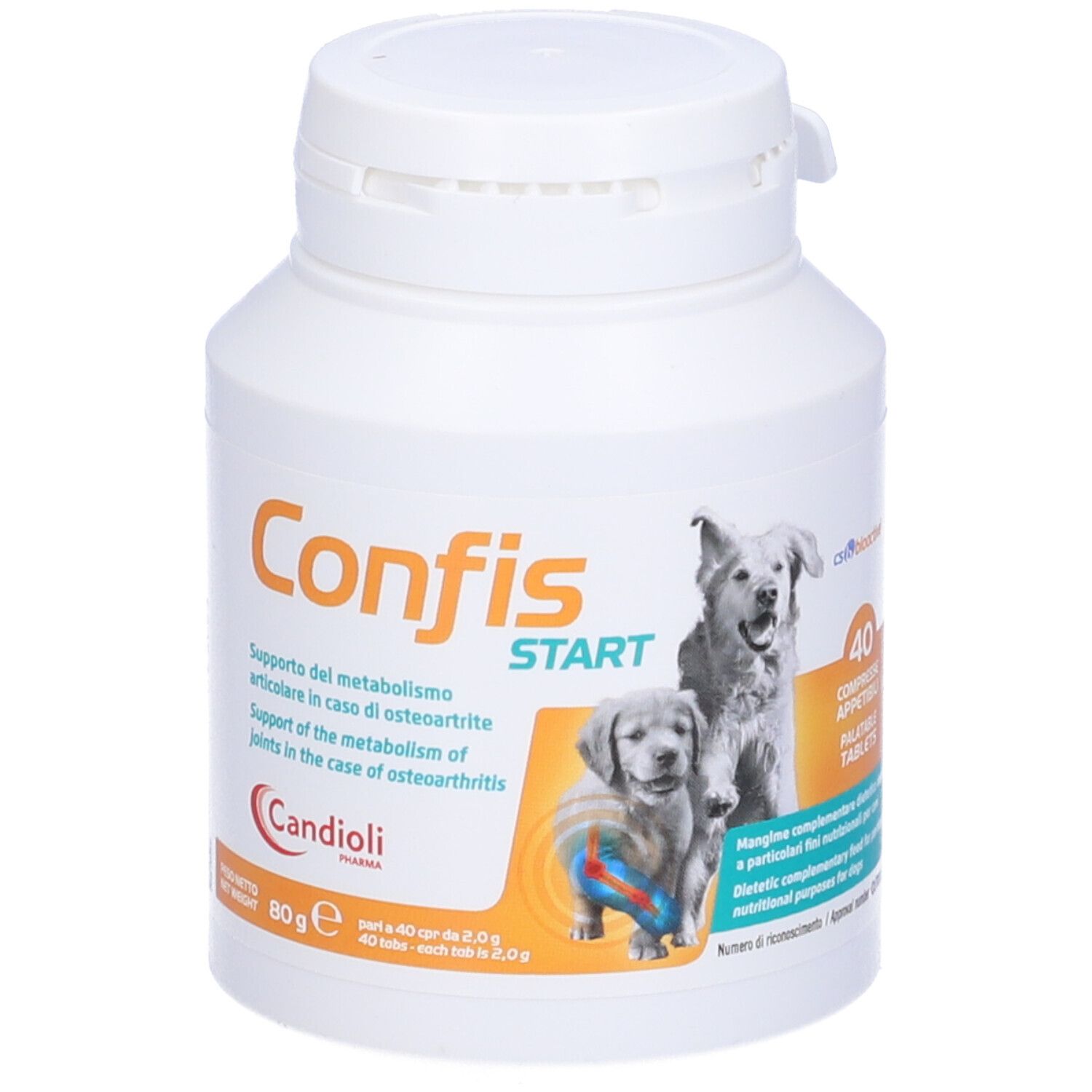 Flacone di compresse bianco con scritta Confis Start. Immagine di cani. 40 compresse. Candoli.