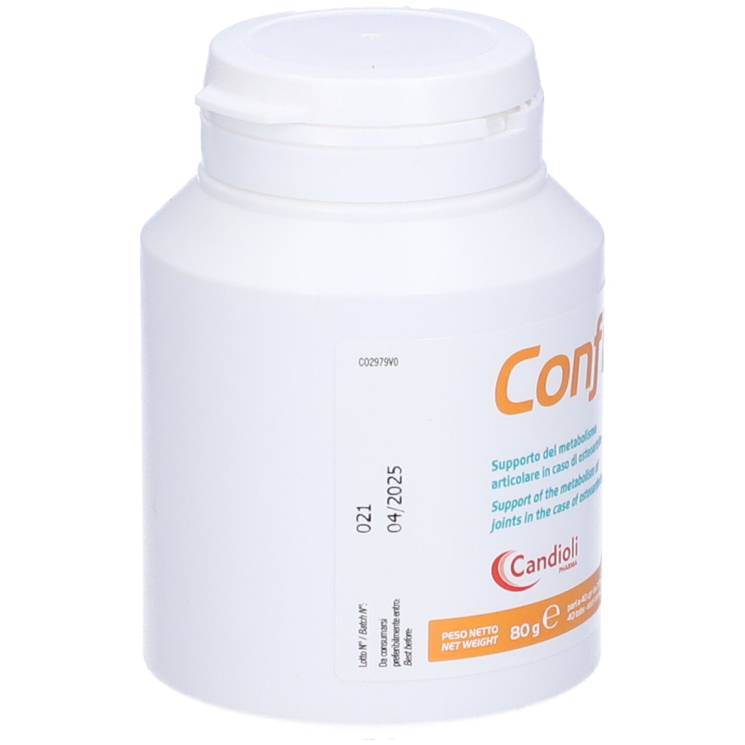 Flacone di compresse bianco. Scritta: Confis Start. 80g. Candoli. Etichetta con data di scadenza.