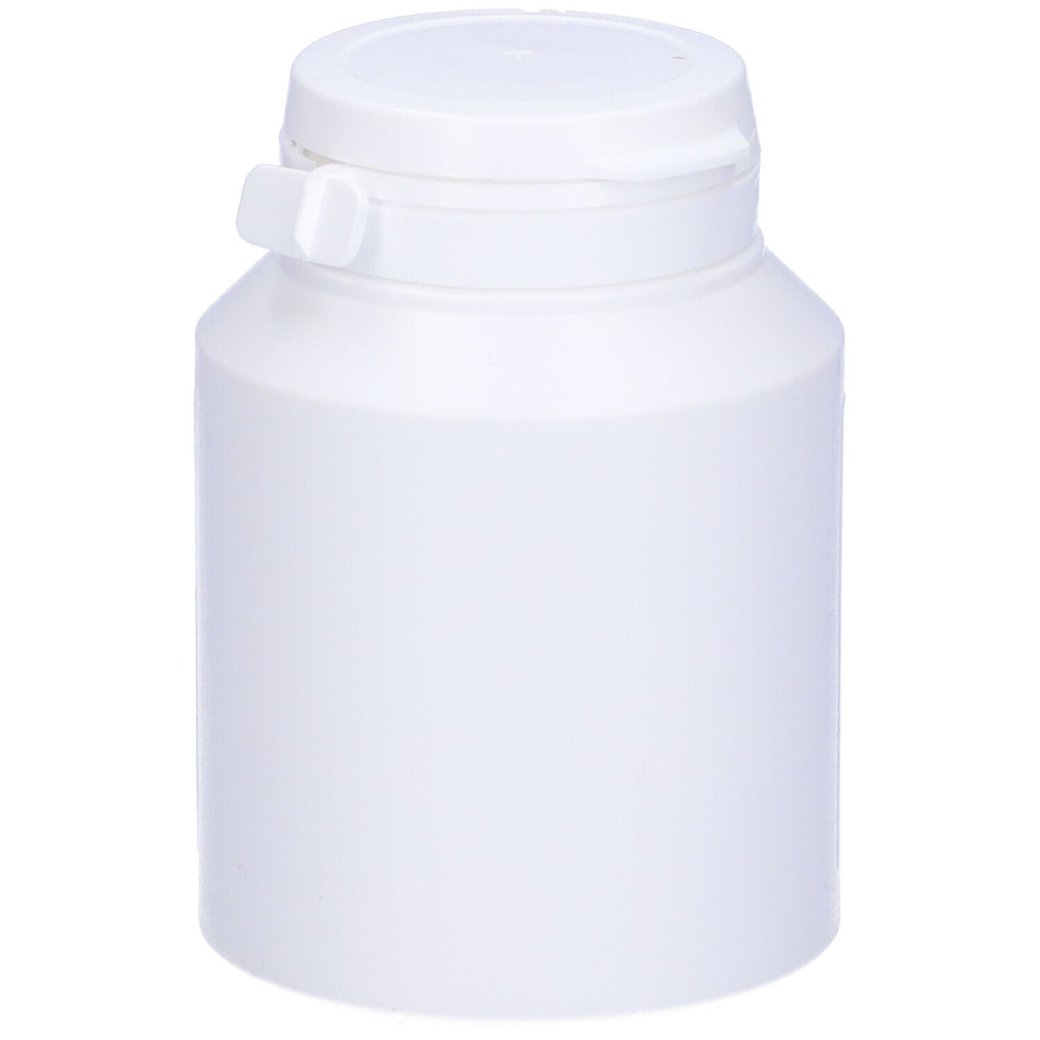 Flacone di compresse bianco con coperchio bianco. Senza scritte.