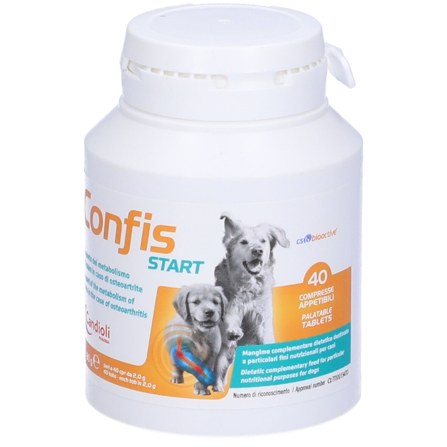 Flacone di compresse bianco con scritta Confis Start. Immagine di cani. 40 compresse. Candoli.