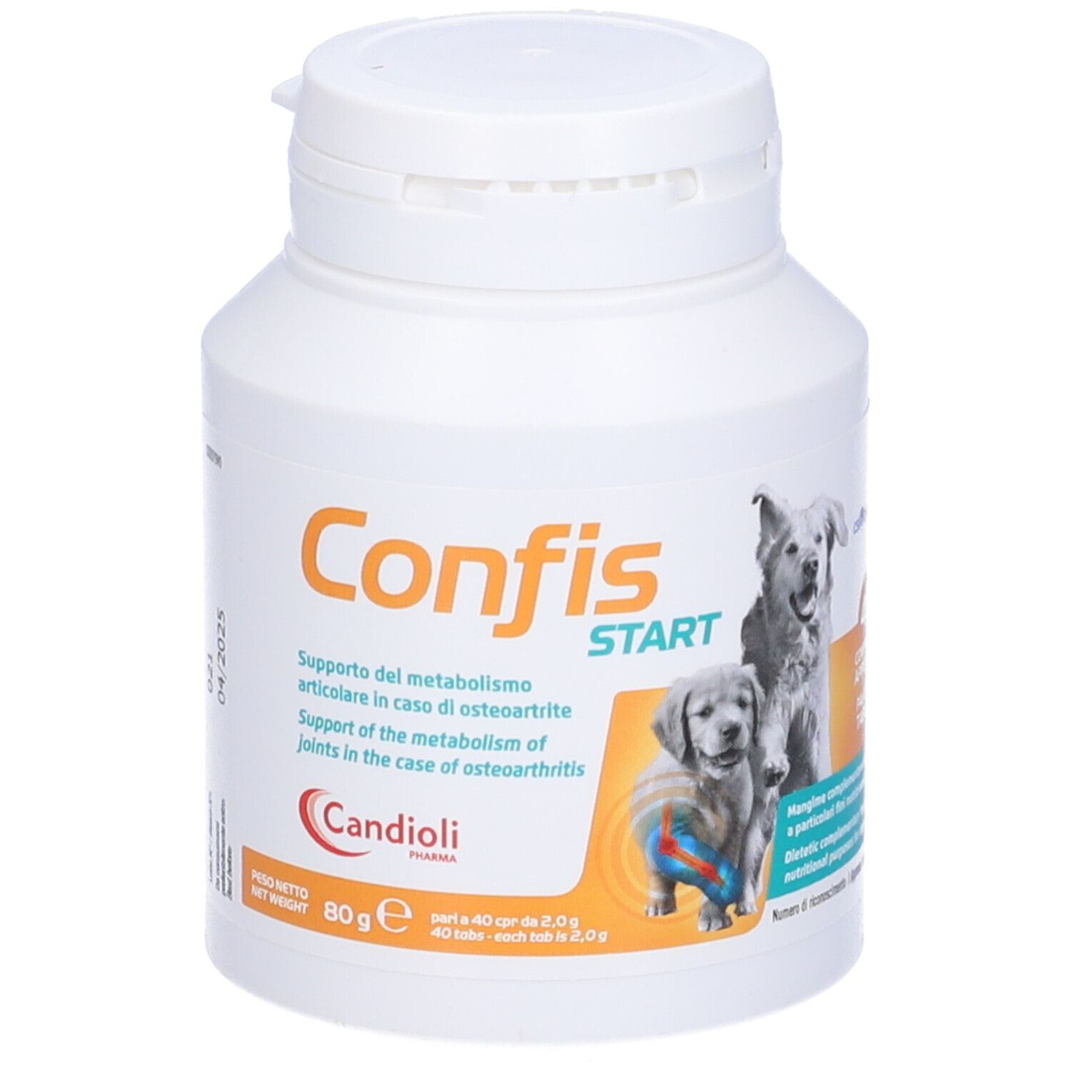 Flacone di compresse bianco con scritta Confis Start. Immagine di cani. 80g. Candoli.