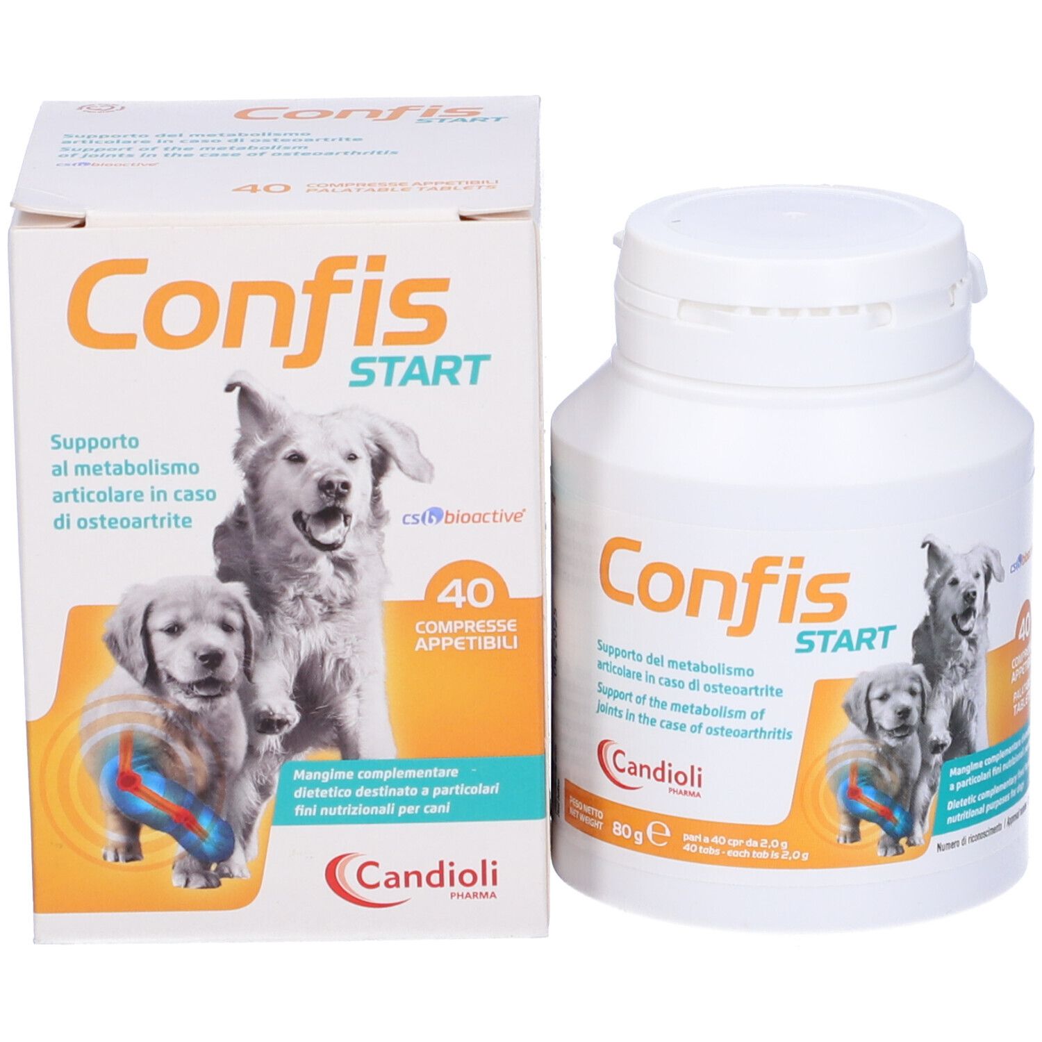 Flacone e scatola di compresse bianche. Scritta: Confis Start. Immagine di cani. 40 compresse. Candoli.