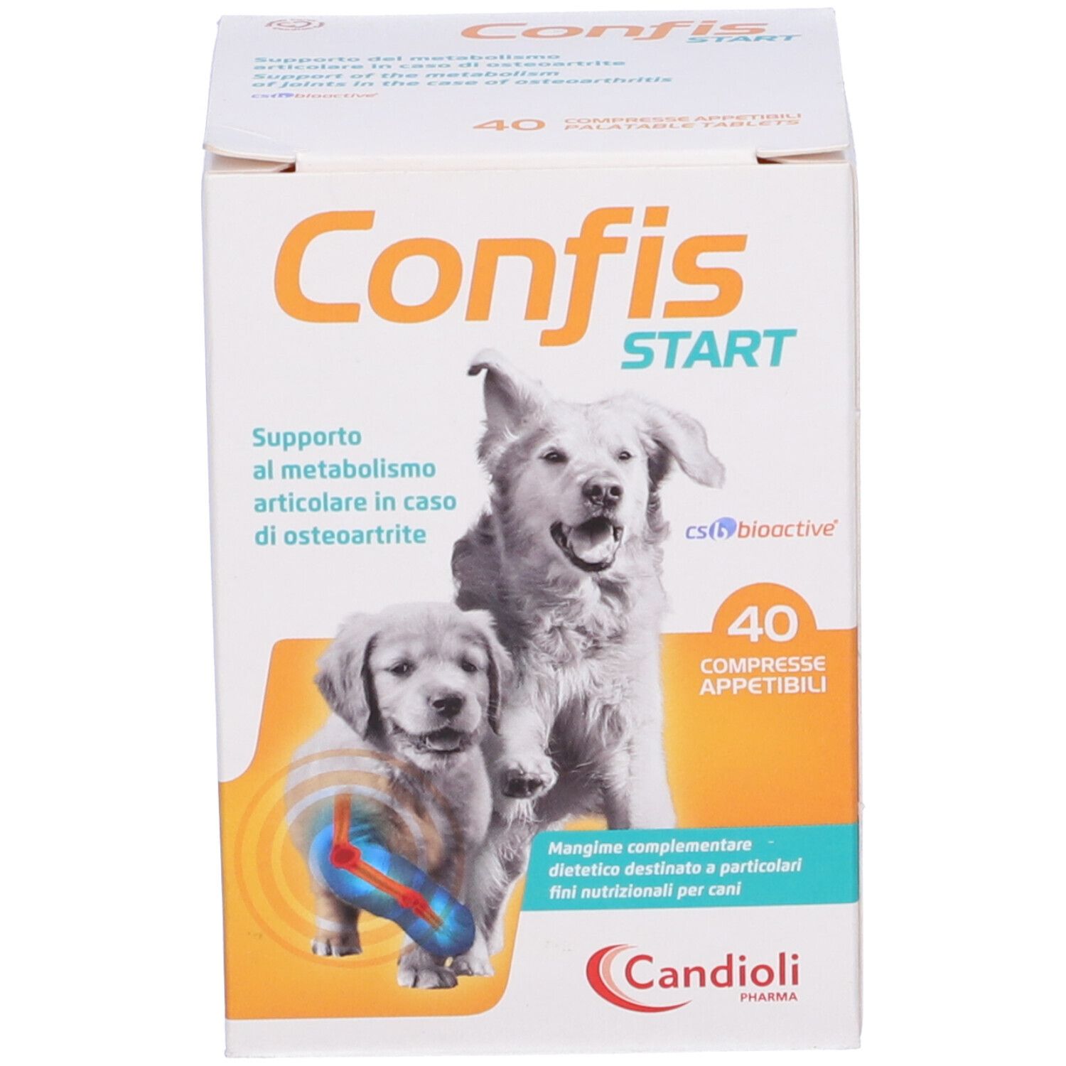 Scatola di compresse bianca. Scritta: Confis Start. Immagine di cani. 40 compresse. Candoli.