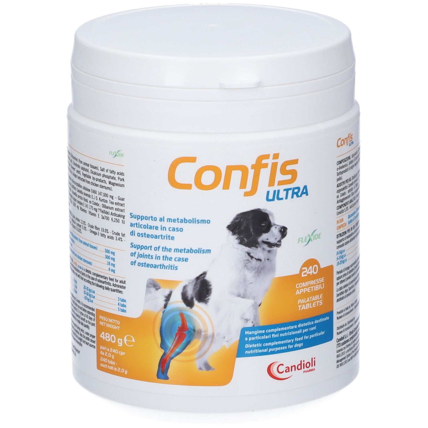 Confis Ultra 480g Dose mit 240 schmackhaften Tabletten für Hunde zur Unterstützung des Stoffwechsels.