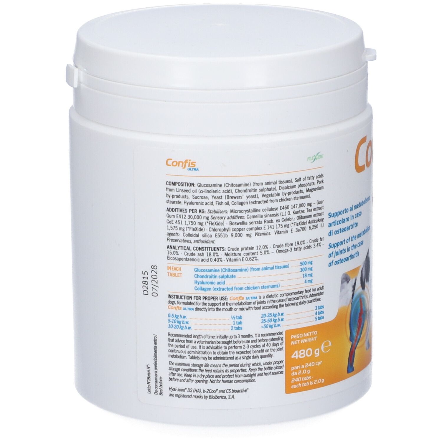 Weiße Dose mit 480g Confis, Nahrungsergänzungsmittel für Gelenke.