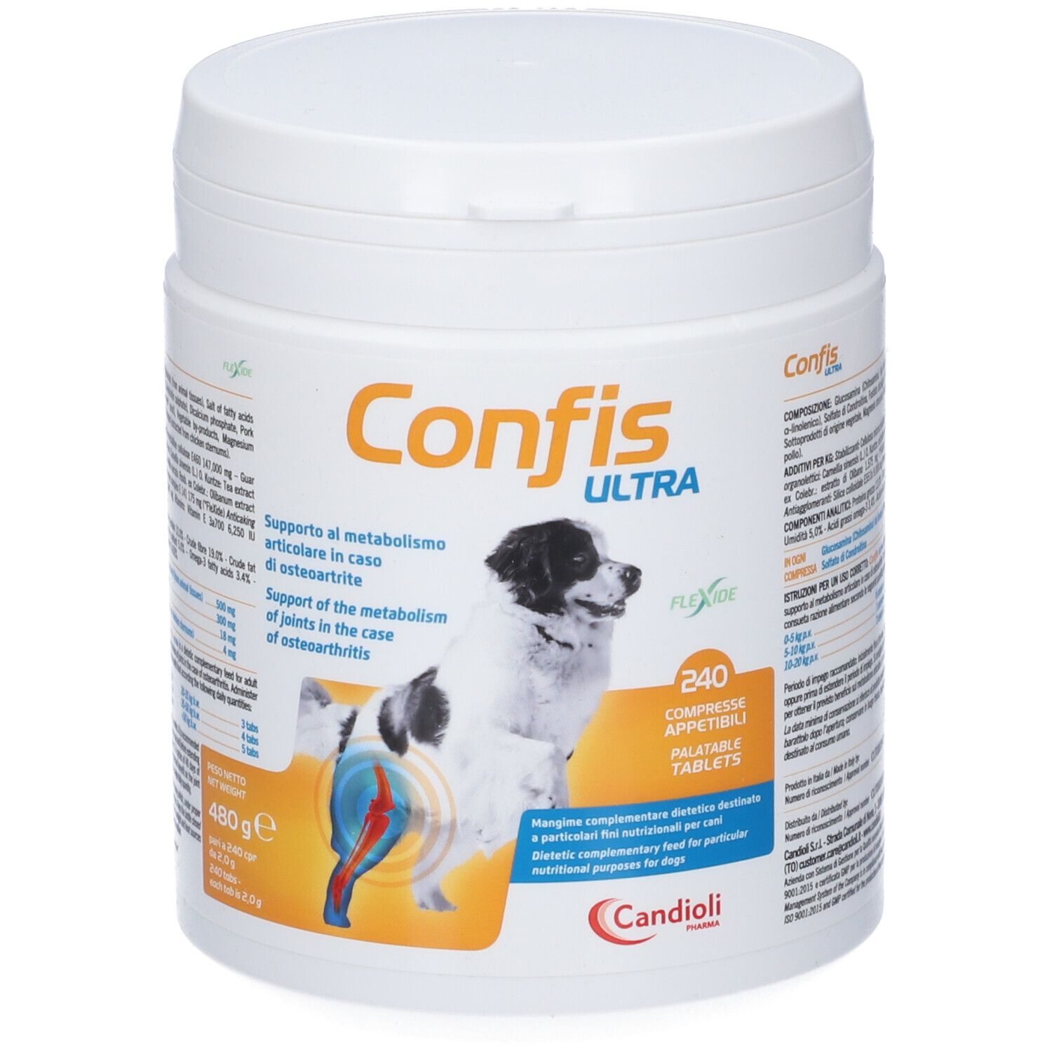 Confis Ultra 480g Dose mit 240 schmackhaften Tabletten für Hunde zur Unterstützung des Stoffwechsels.
