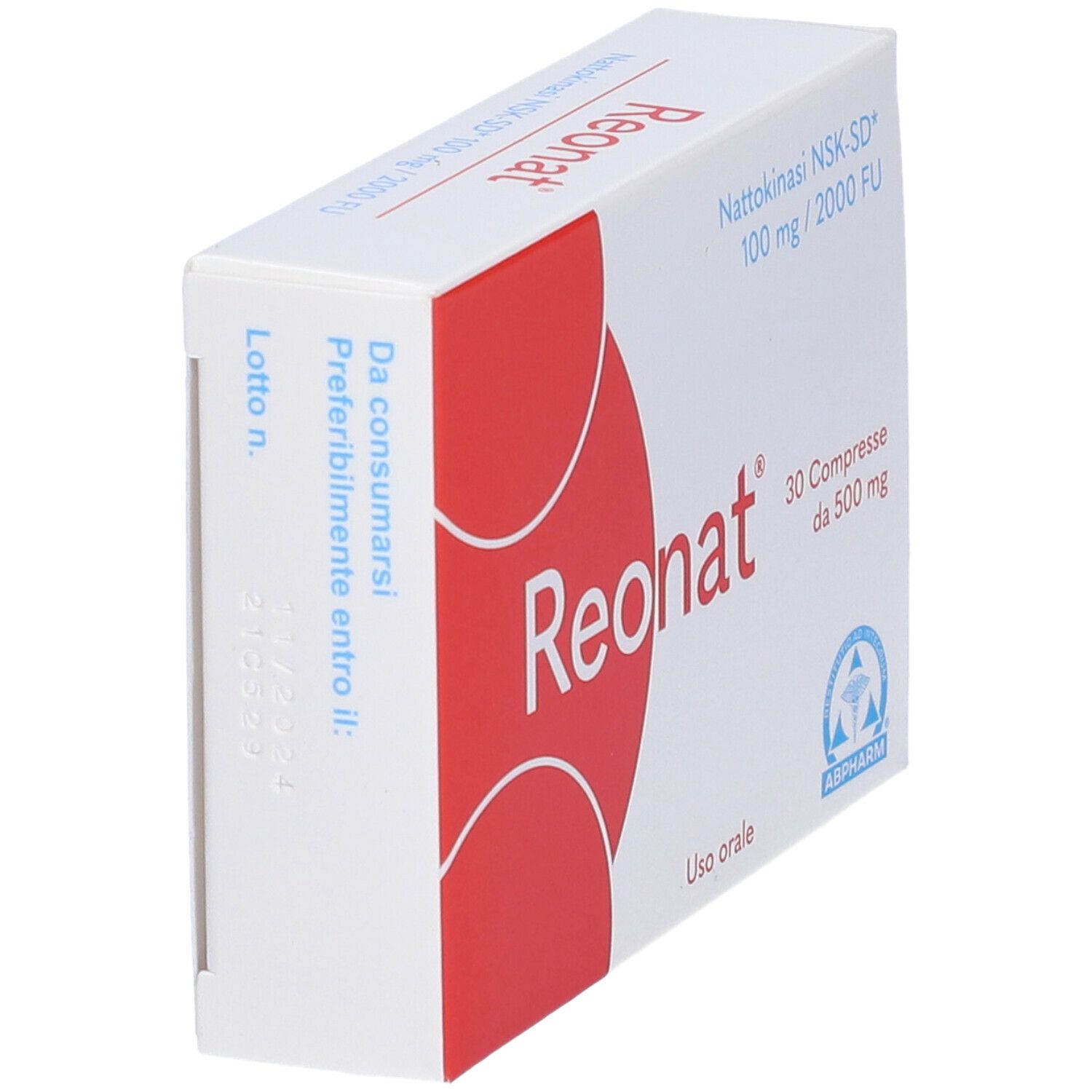 Boîte "Reonat" avec logo rouge. Contient 30 comprimés. Inscription : "Nattokinase NSK-SD 100 mg / 2000 FU".