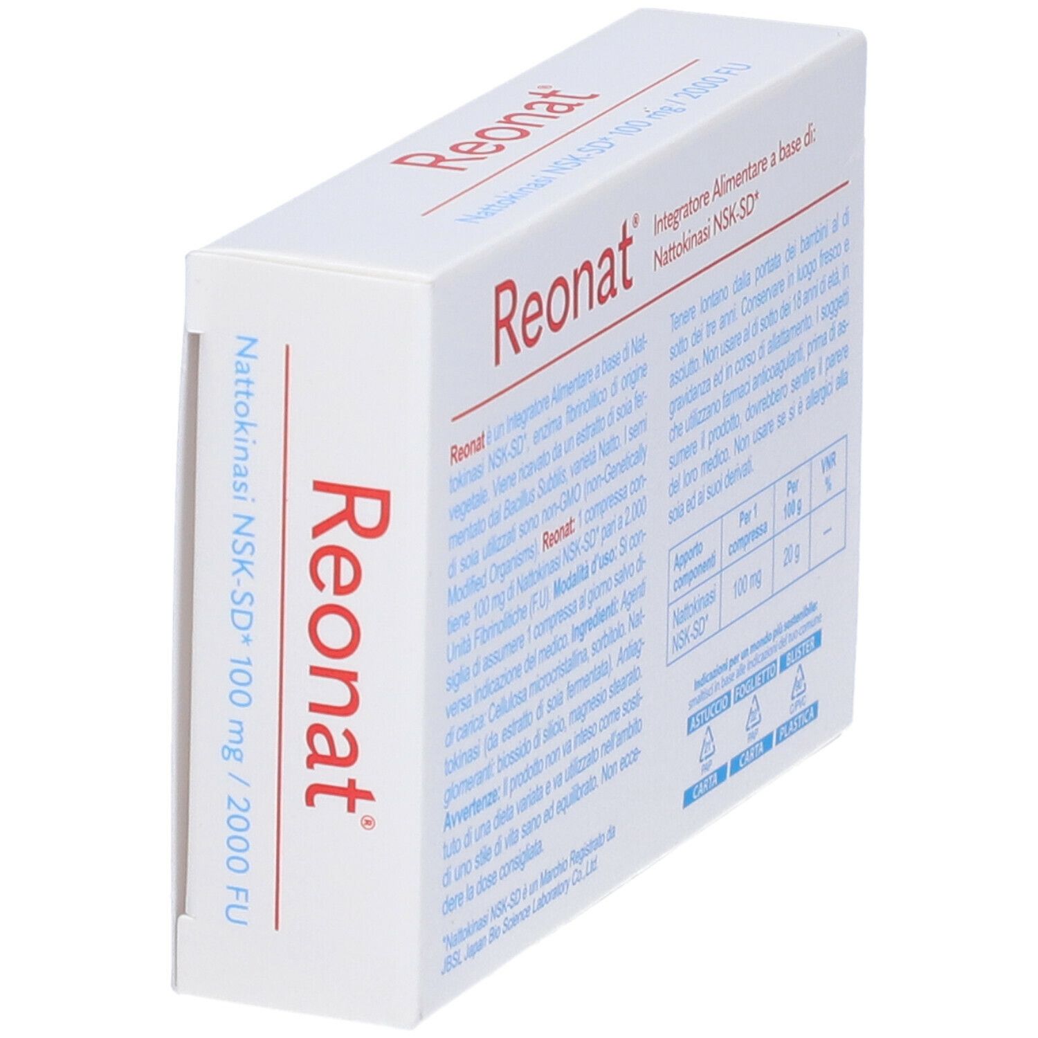 Vue latérale de la boîte "Reonat". Contient des informations sur les ingrédients et l'utilisation. Avec logo et texte.
