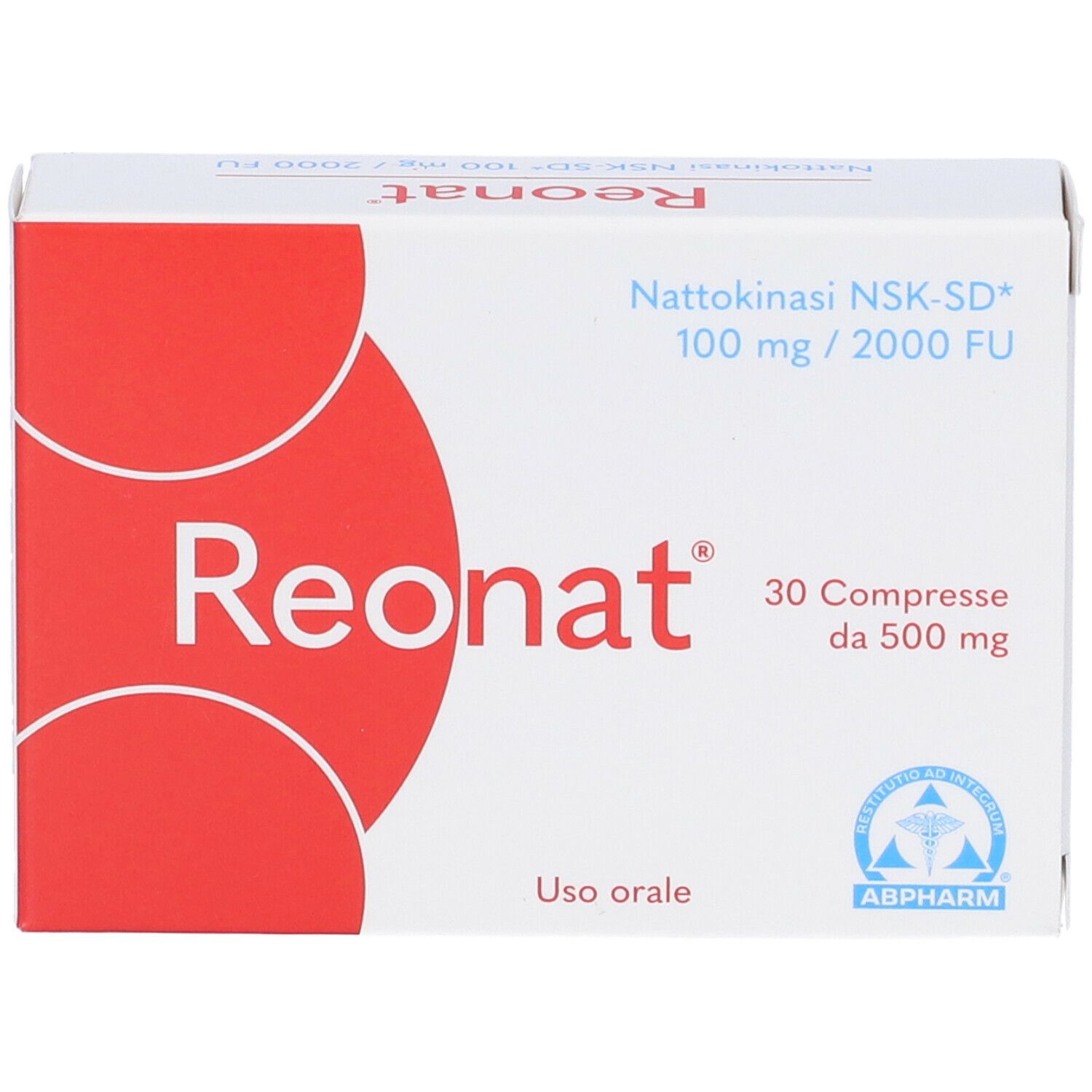 Boîte "Reonat" avec logo rouge. Contient 30 comprimés. Inscription : "Nattokinase NSK-SD 100 mg / 2000 FU".