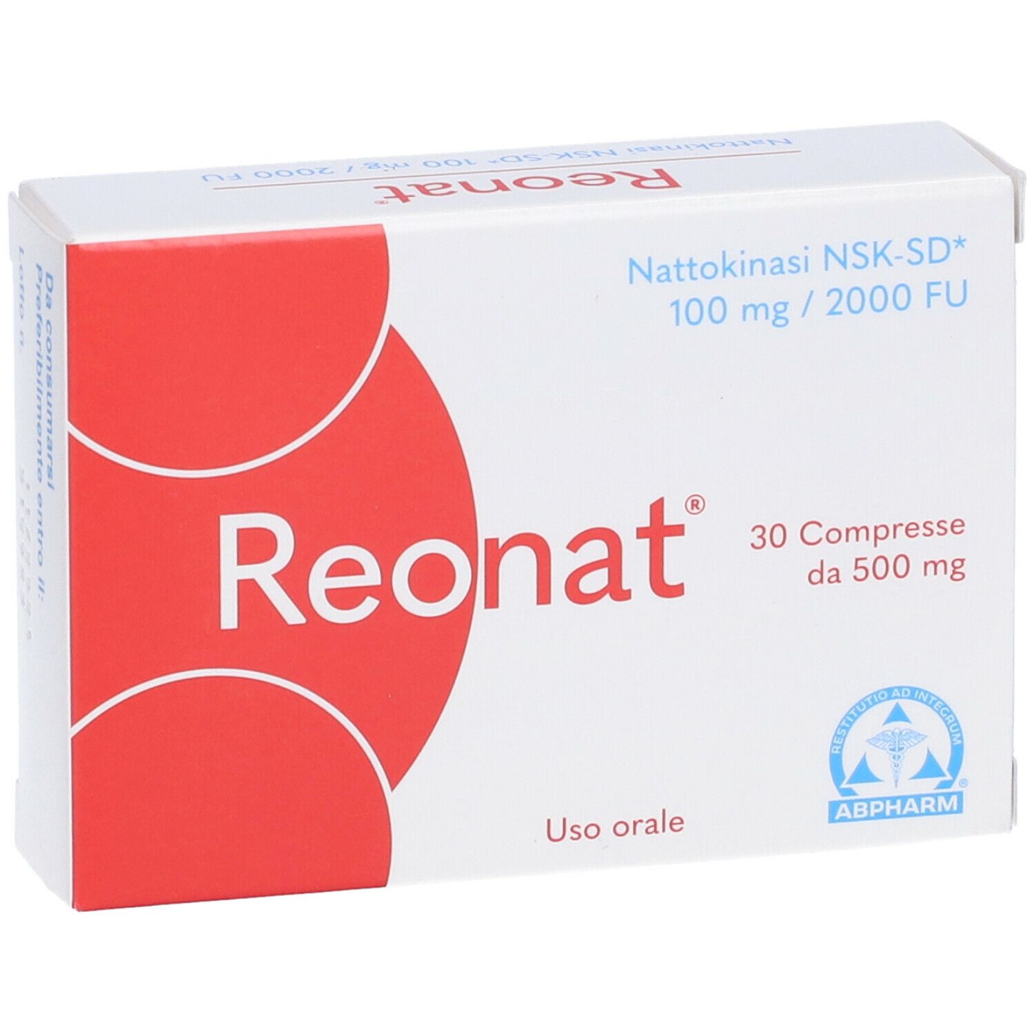 Boîte "Reonat" avec logo rouge. Contient 30 comprimés. Inscription : "Nattokinase NSK-SD 100 mg / 2000 FU".