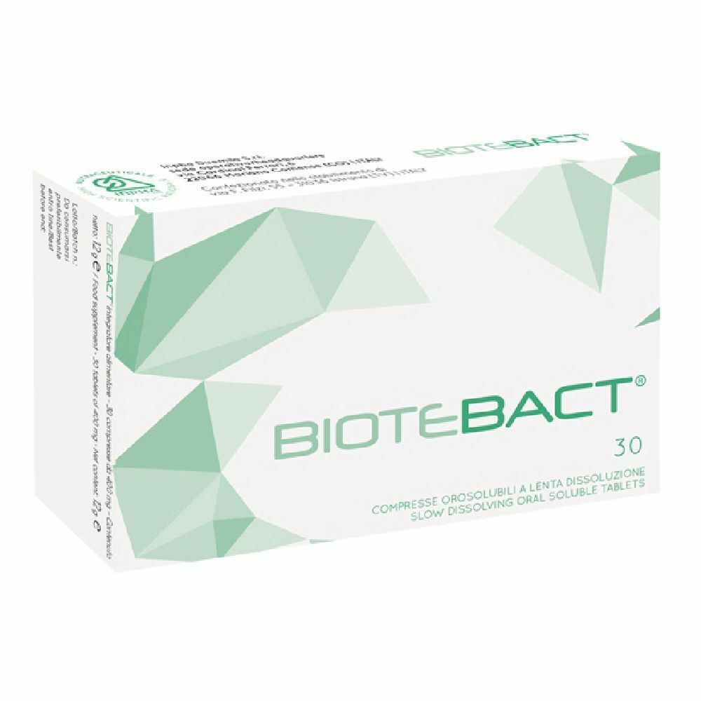 Scatola bianca con "BIOTEBACT" e "30" in verde. Testo sottostante: "COMPRESSE OROSOLLUBILI A LENTA DISSOLUZIONE".