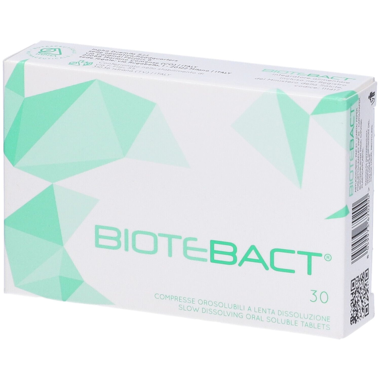 Scatola bianca con "BIOTEBACT" e "30" in verde. Testo sottostante: "COMPRESSE OROSOLLUBILI A LENTA DISSOLUZIONE".