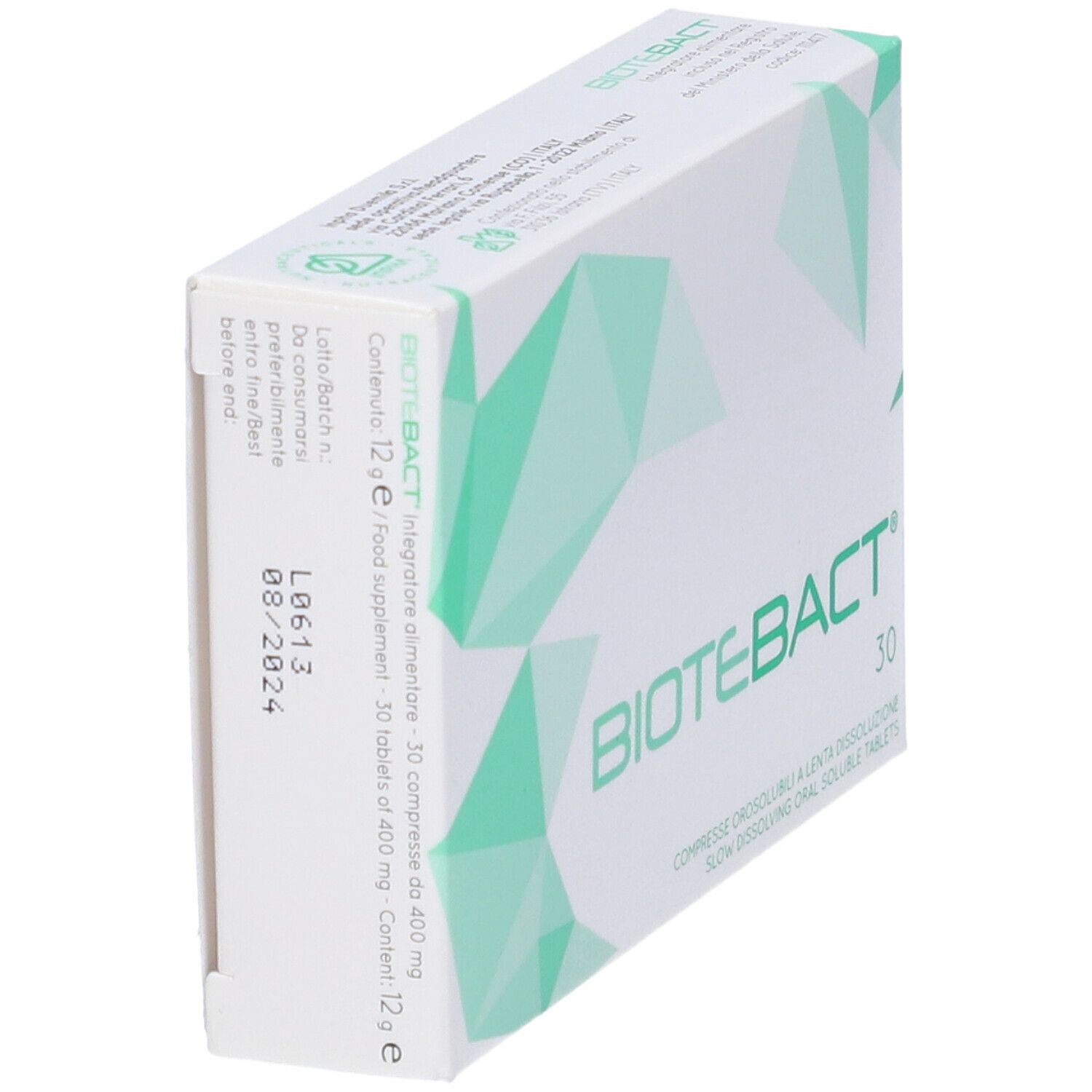 Scatola con "BIOTEBACT" e "30". Sul lato testo e data di scadenza. Motivi geometrici verdi e bianchi.