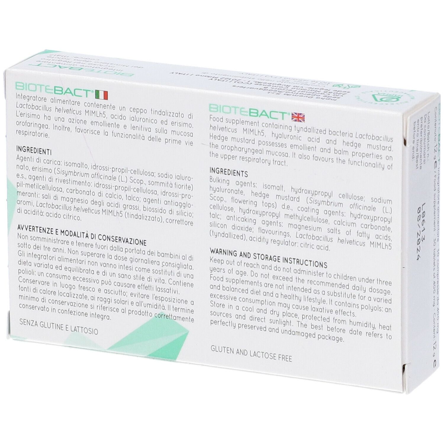 Retro della scatola con testo in italiano e inglese. Contiene ingredienti e avvertenze.