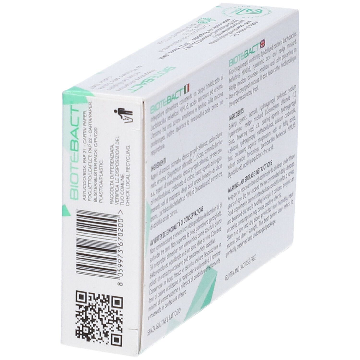 Lato della scatola con testo, codice a barre e QR code. Contiene informazioni sullo smaltimento.