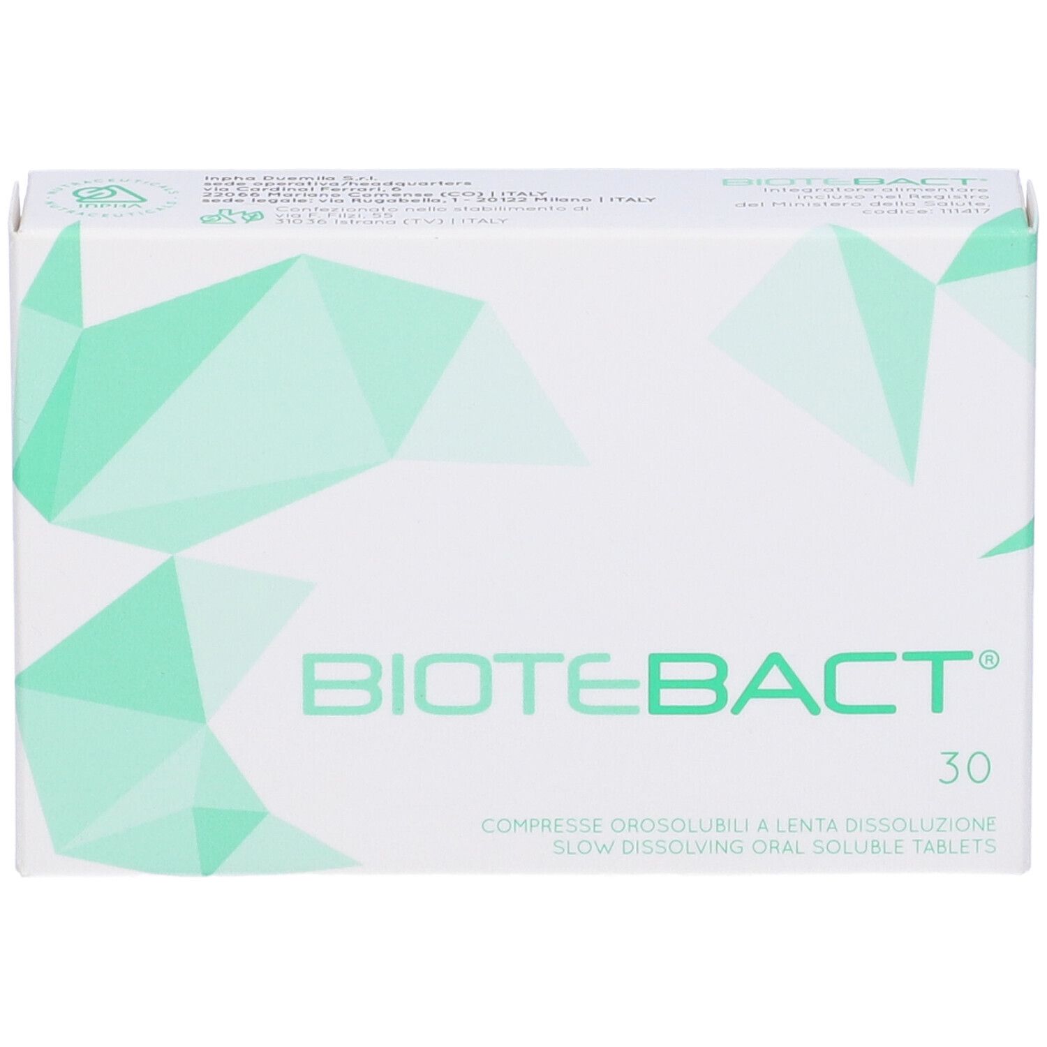 Scatola bianca con "BIOTEBACT" e "30" in verde. Testo sottostante: "COMPRESSE OROSOLLUBILI A LENTA DISSOLUZIONE".