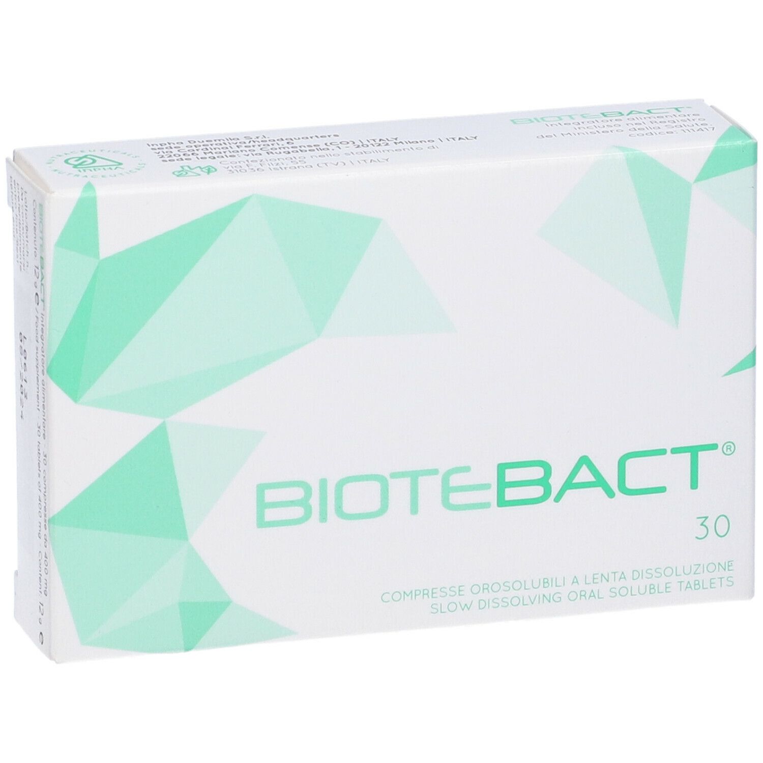 Scatola bianca con "BIOTEBACT" e "30" in verde. Testo sottostante: "COMPRESSE OROSOLLUBILI A LENTA DISSOLUZIONE".