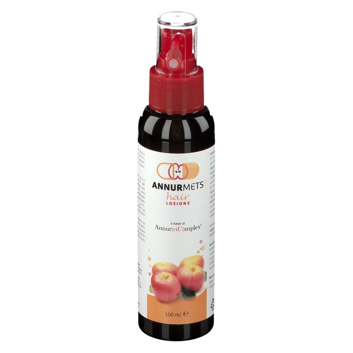 Flacone marrone con spruzzatore rosso. Etichetta con nome del prodotto, mele e testo. 100 ml.