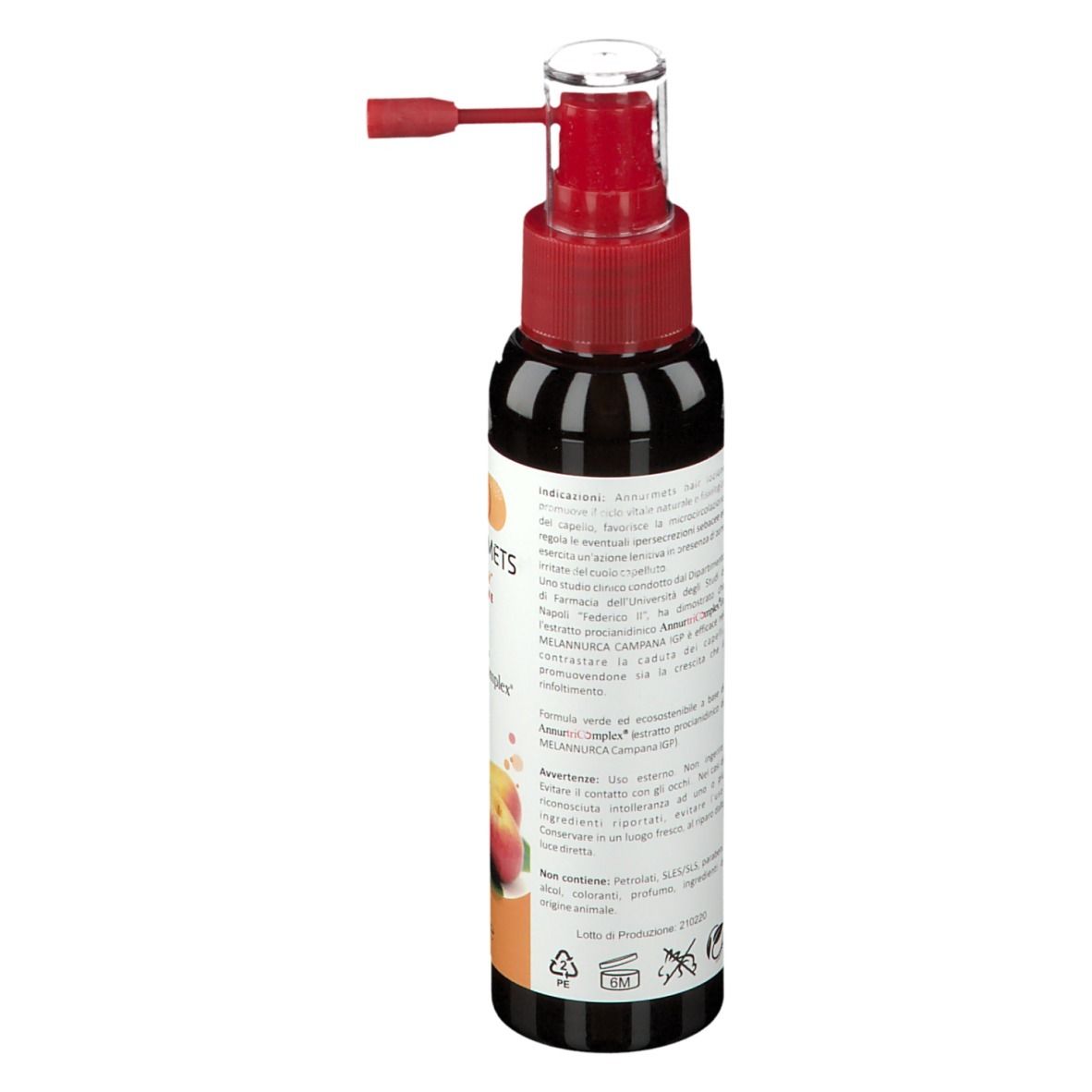Vista posteriore di un flacone marrone con spruzzatore rosso. Etichetta con testo. 100 ml.