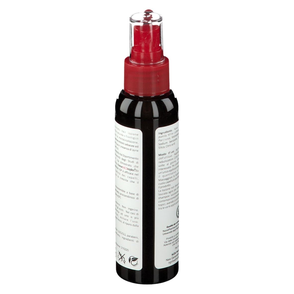 Vista laterale di un flacone marrone con spruzzatore rosso. Etichetta con testo. 100 ml.