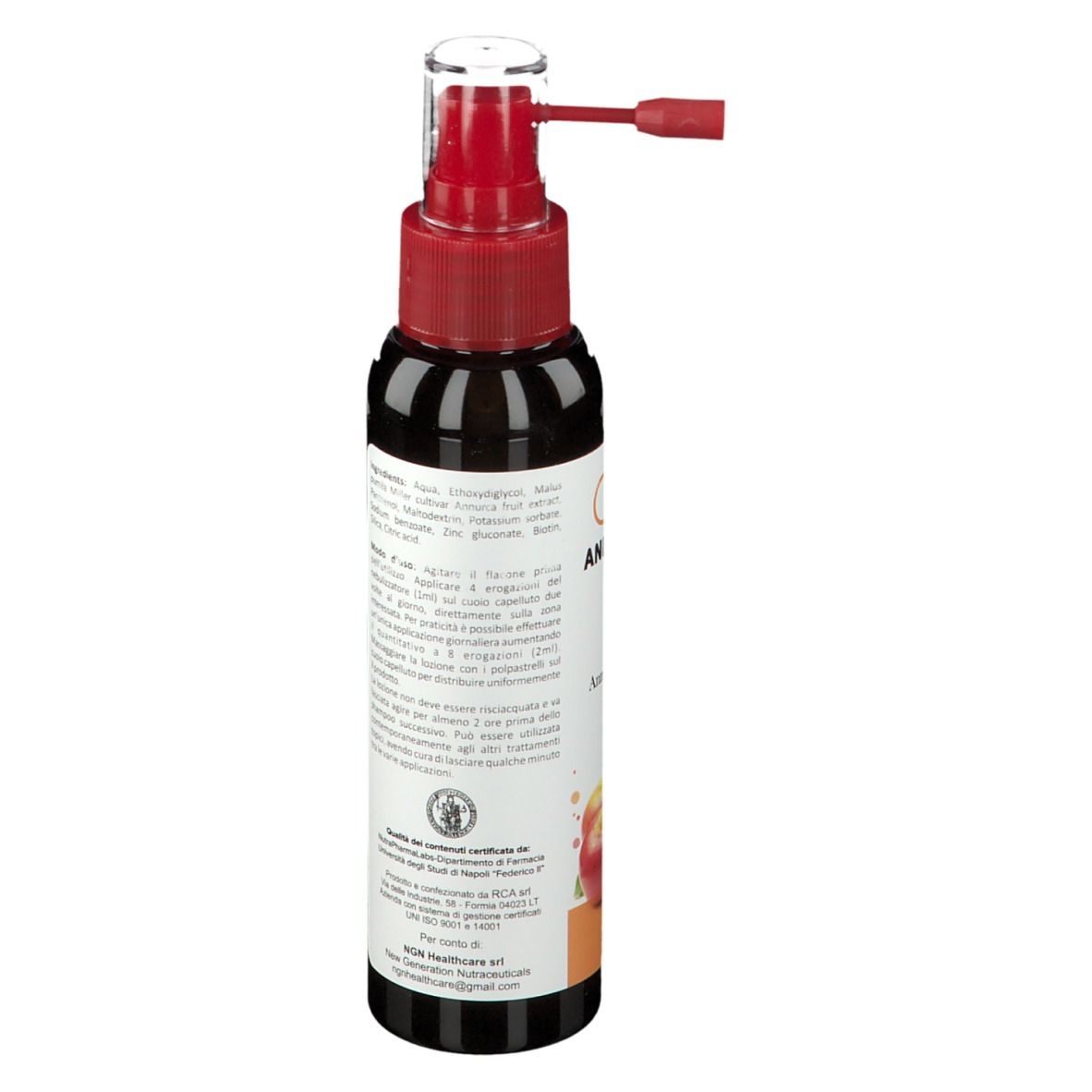 Vista laterale di un flacone marrone con spruzzatore rosso. Etichetta con testo. 100 ml.