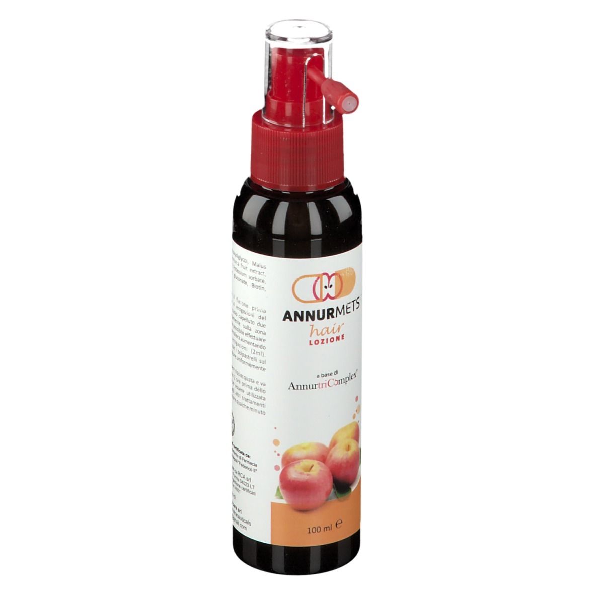 Flacone marrone con spruzzatore rosso. Etichetta con nome del prodotto, mele e testo. 100 ml.