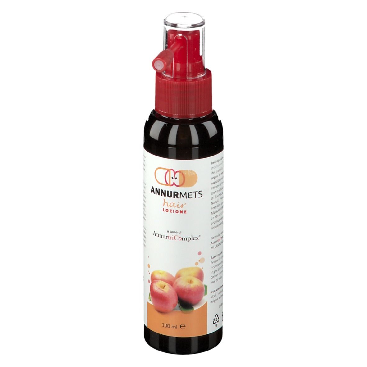 Flacone marrone con spruzzatore rosso. Etichetta con nome del prodotto, mele e testo. 100 ml.