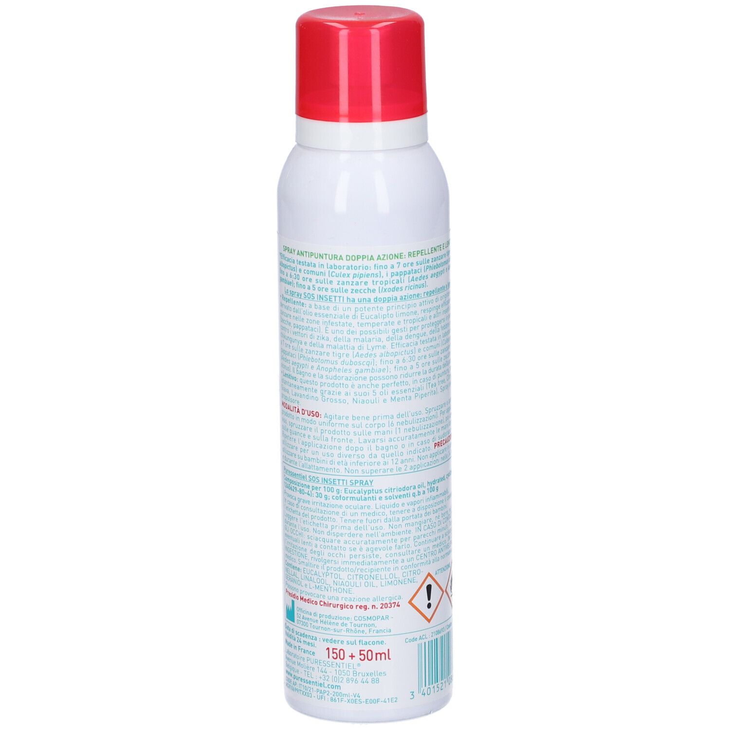 Rückseite des weißen Sprays mit rotem Deckel. Textinformationen und Warnhinweise.