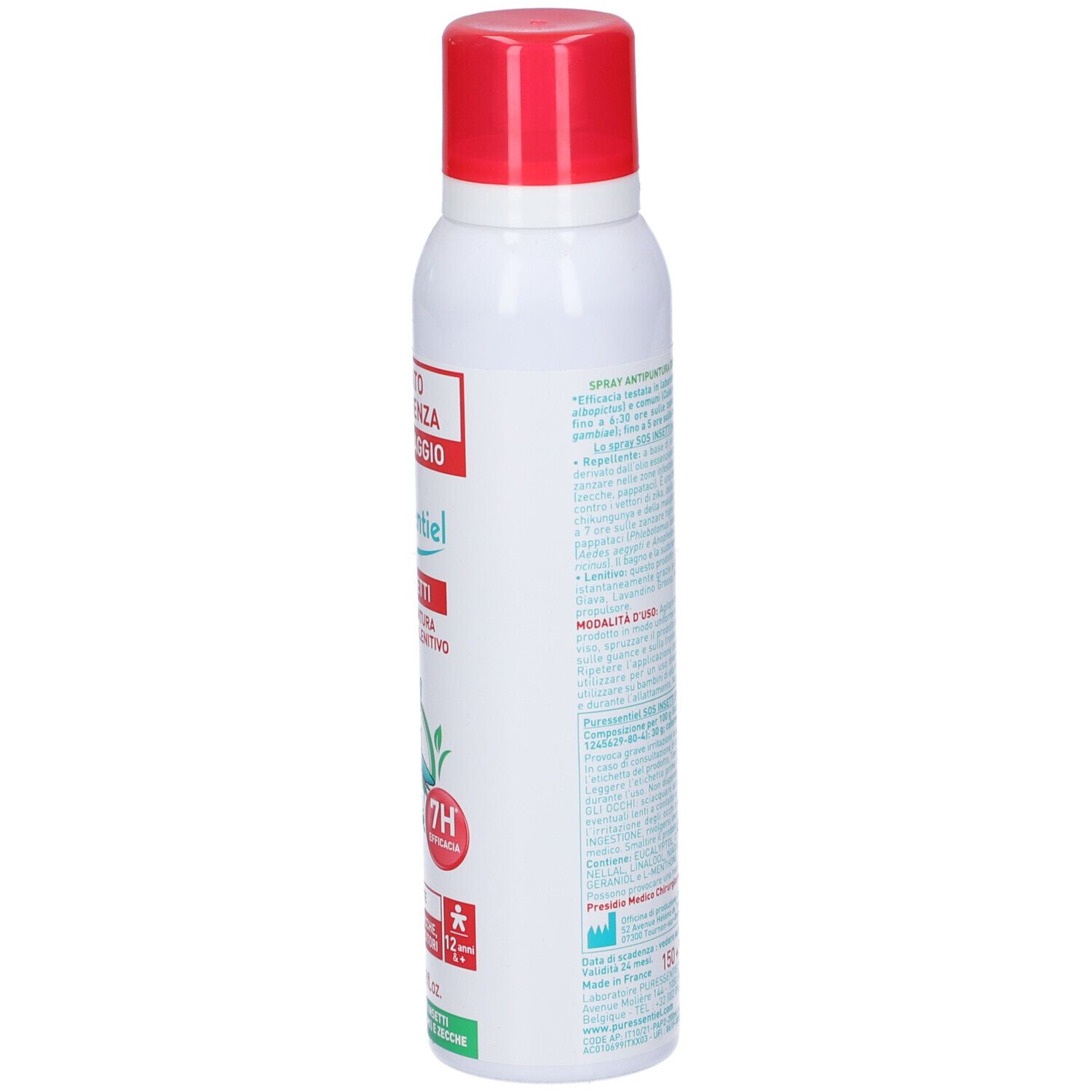 Seite des weißen Sprays mit rotem Deckel. Textinformationen und Warnhinweise.